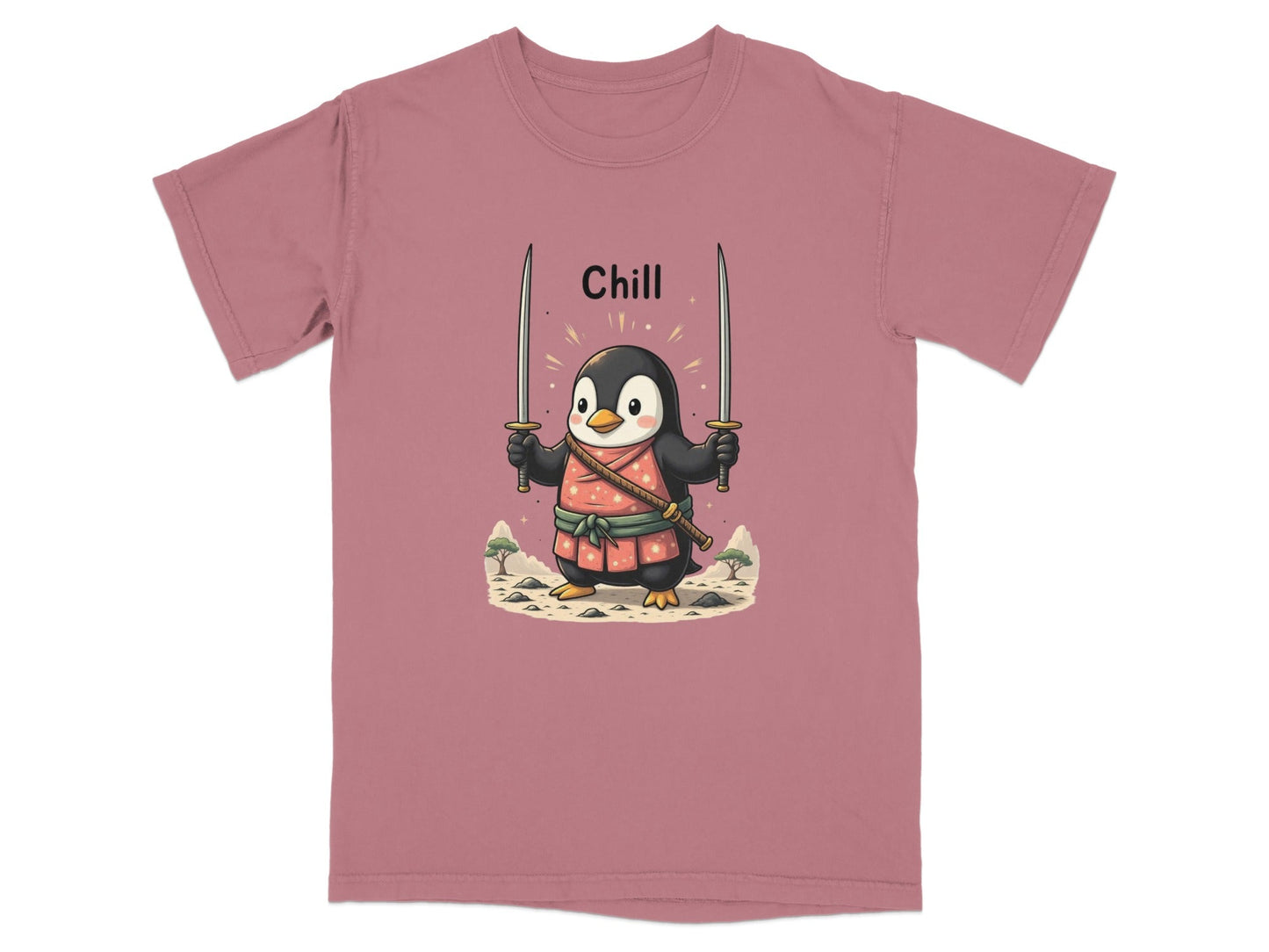 Chill Penguin Samurai With Swords Illustrated Cute T-Shirt - IconVexa