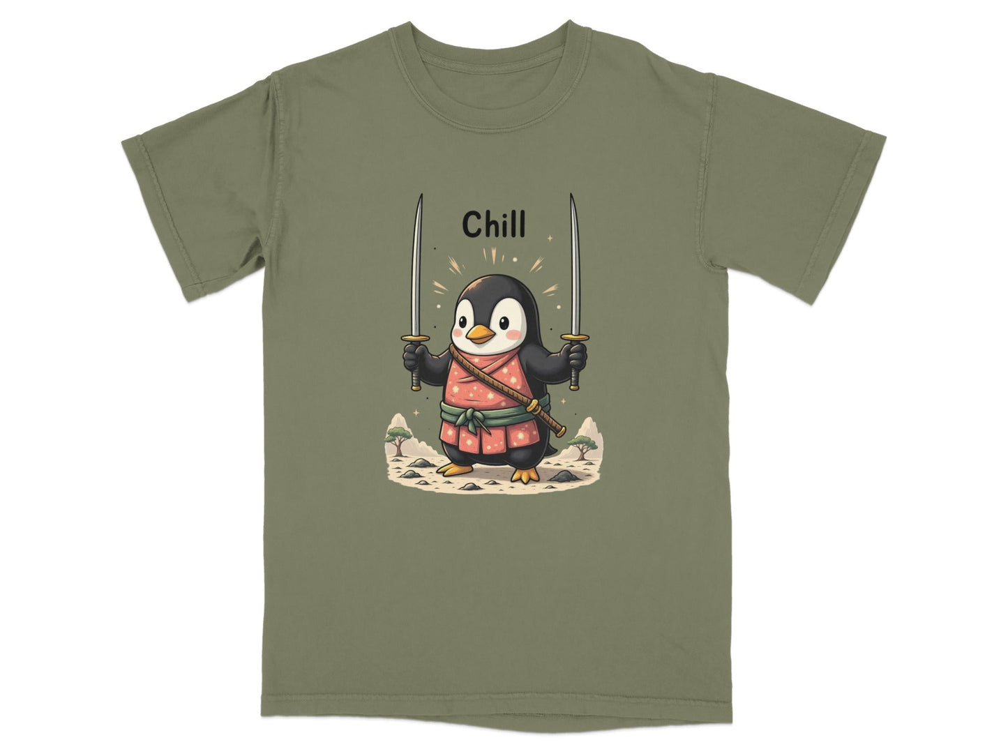 Chill Penguin Samurai With Swords Illustrated Cute T-Shirt - IconVexa