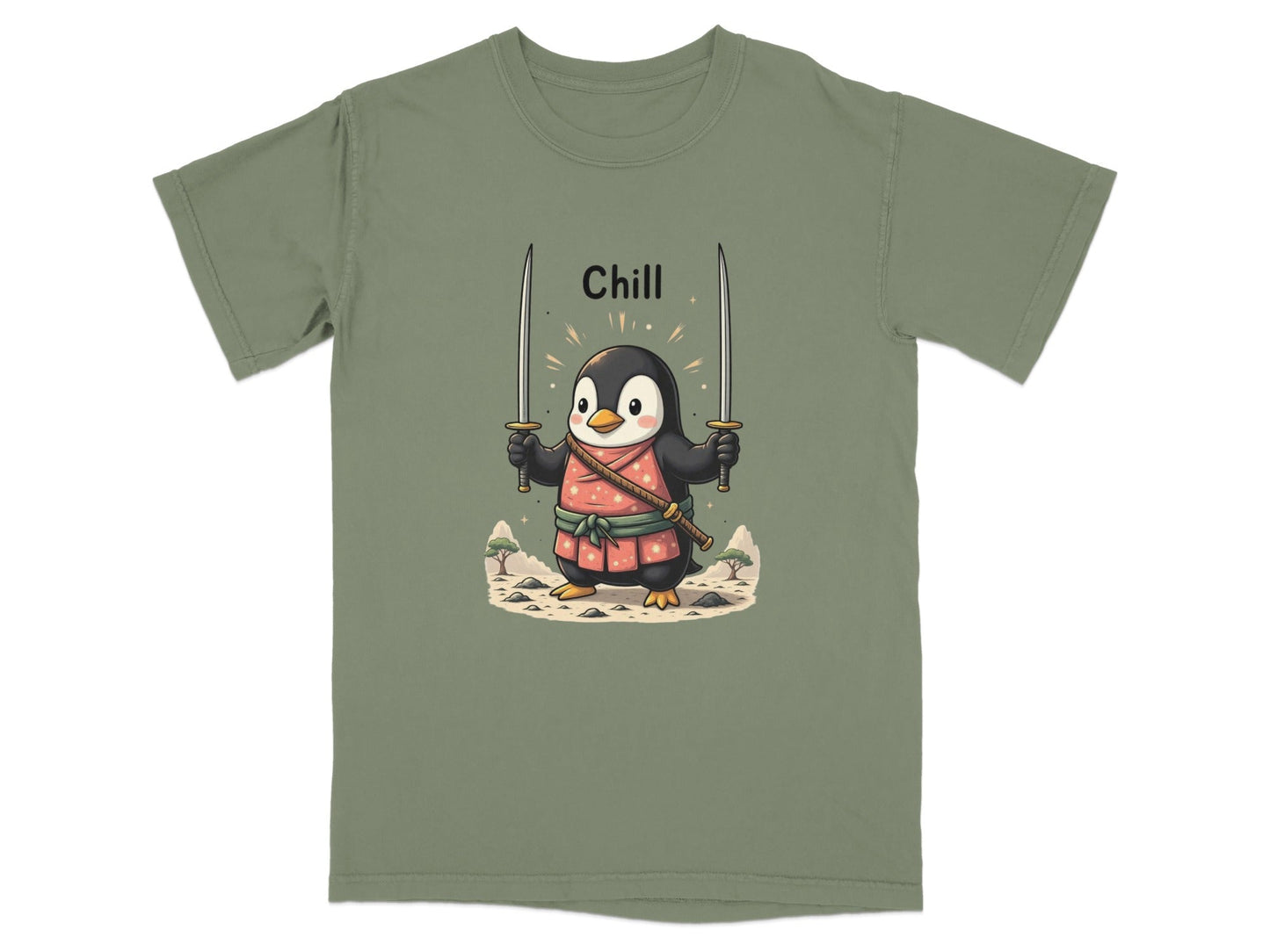 Chill Penguin Samurai With Swords Illustrated Cute T-Shirt - IconVexa