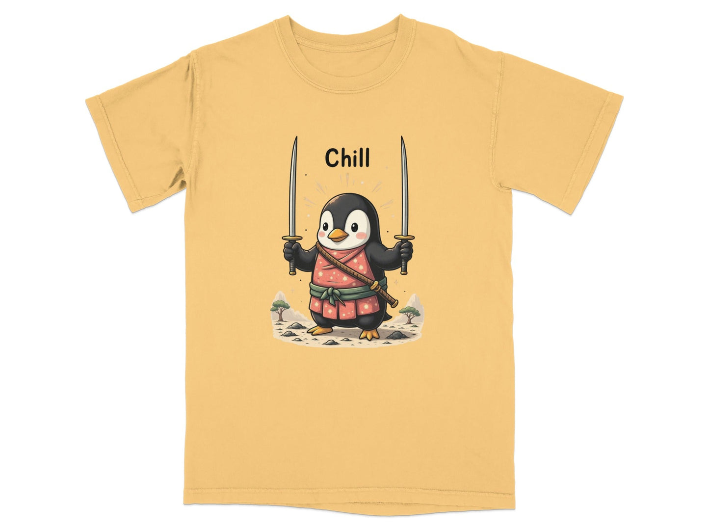 Chill Penguin Samurai With Swords Illustrated Cute T-Shirt - IconVexa