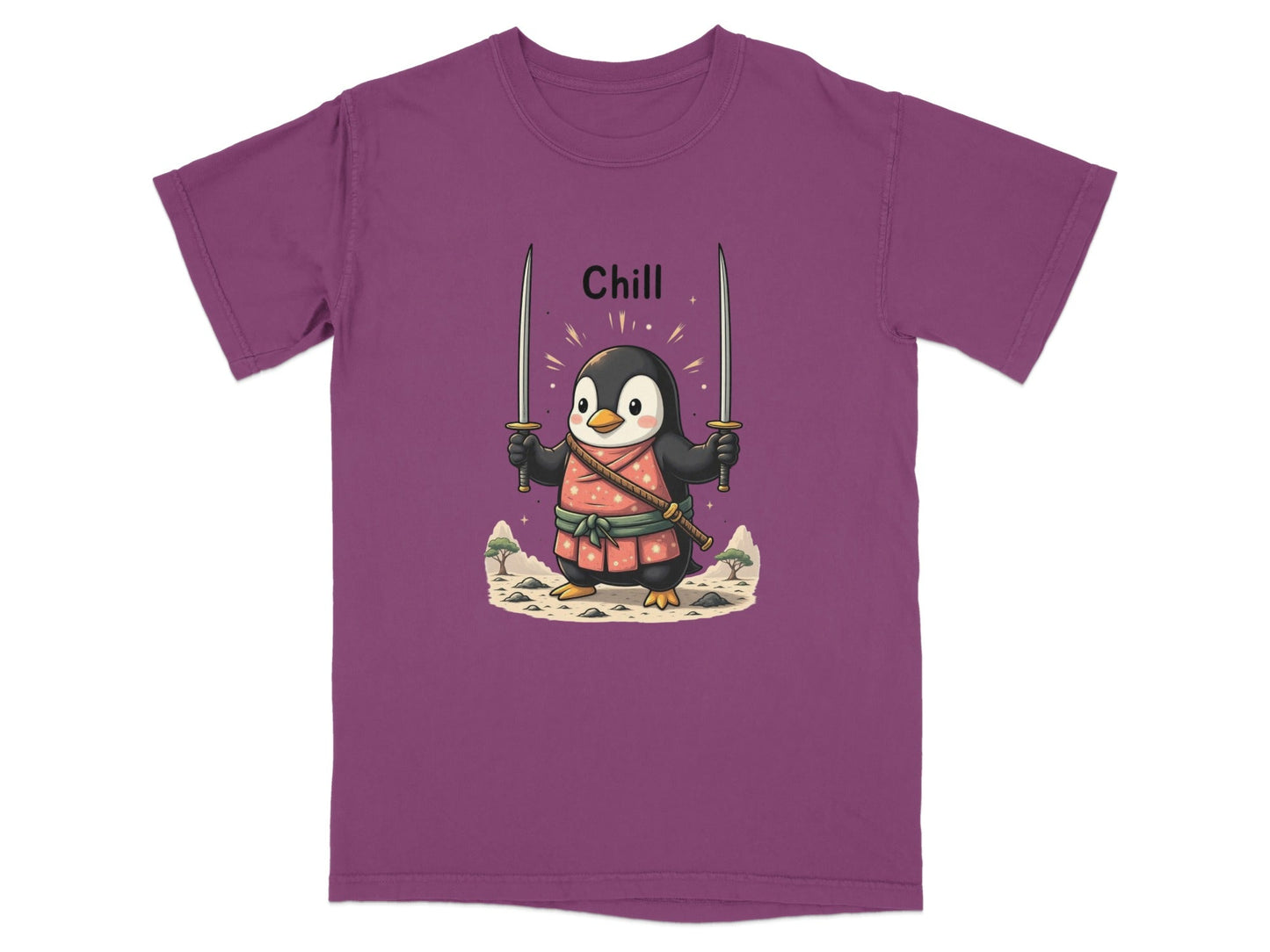 Chill Penguin Samurai With Swords Illustrated Cute T-Shirt - IconVexa