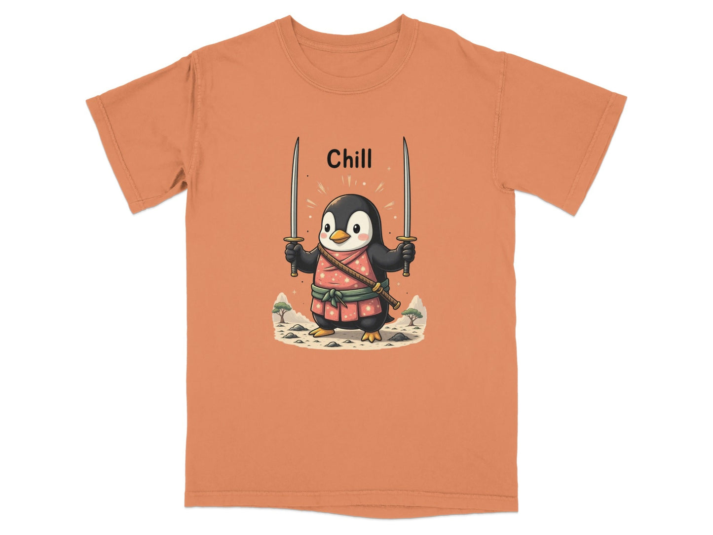 Chill Penguin Samurai With Swords Illustrated Cute T-Shirt - IconVexa