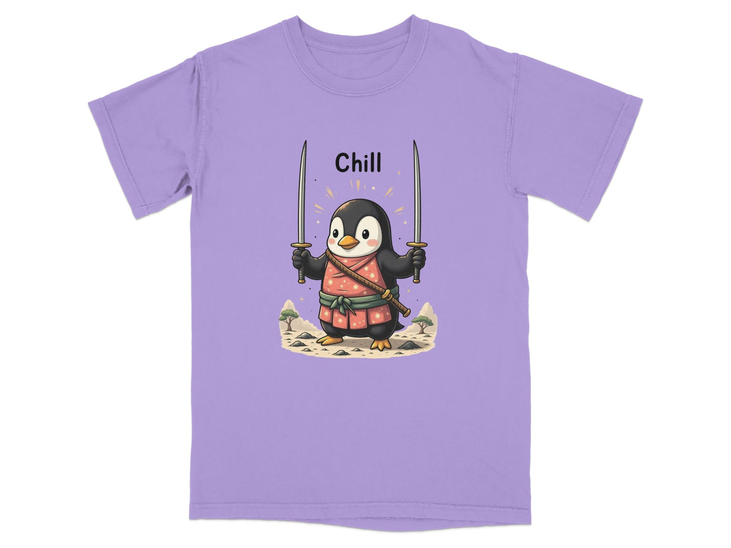 Chill Penguin Samurai With Swords Illustrated Cute T-Shirt - IconVexa