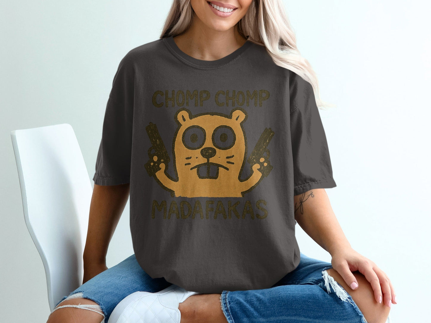 Chomp Chomp Madafakas T-Shirt, Funny Animal Tee, Beaver with Guns, Gangster T-Shirt, Graphic Tee, Novelty T-Shirt, Unique Design - IconVexa