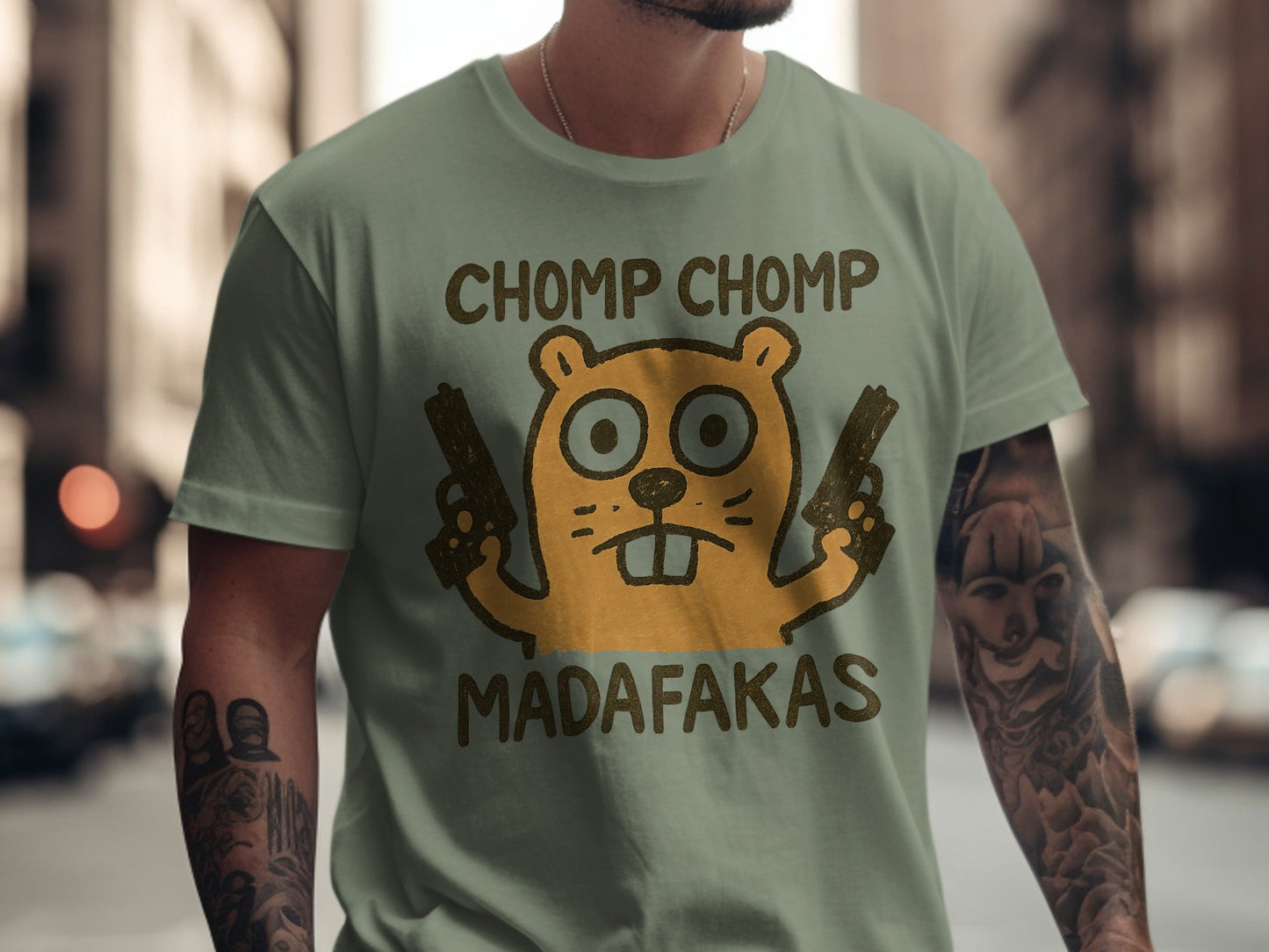Chomp Chomp Madafakas T-Shirt, Funny Animal Tee, Beaver with Guns, Gangster T-Shirt, Graphic Tee, Novelty T-Shirt, Unique Design - IconVexa