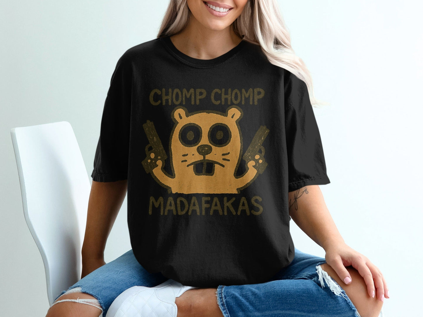 Chomp Chomp Madafakas T-Shirt, Funny Animal Tee, Beaver with Guns, Gangster T-Shirt, Graphic Tee, Novelty T-Shirt, Unique Design - IconVexa