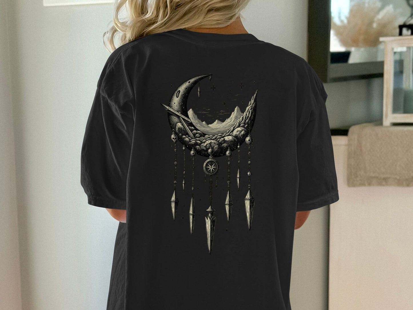 Crescent Moon Dreamcatcher T Shirt, Celestial T Shirt, Gothic Shirt, Boho T Shirt, Witchy Clothing, Gift for Her - IconVexa