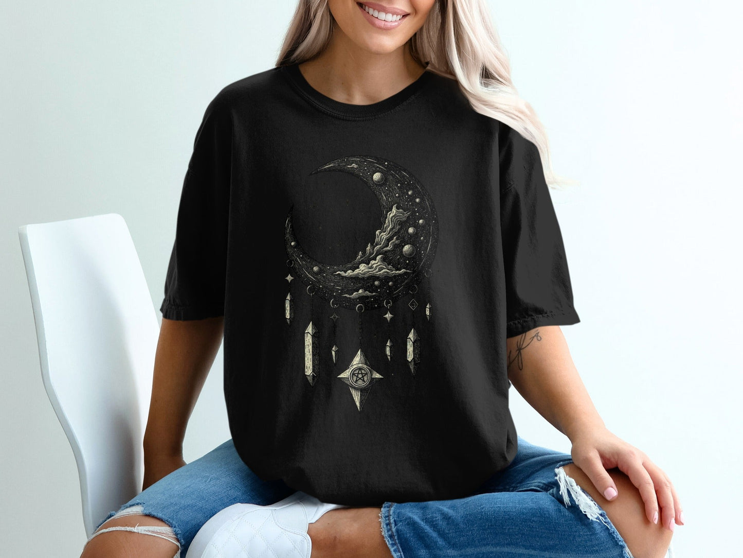 Crescent Moon With Stars And Pentagram Design Graphic T-Shirt - IconVexa