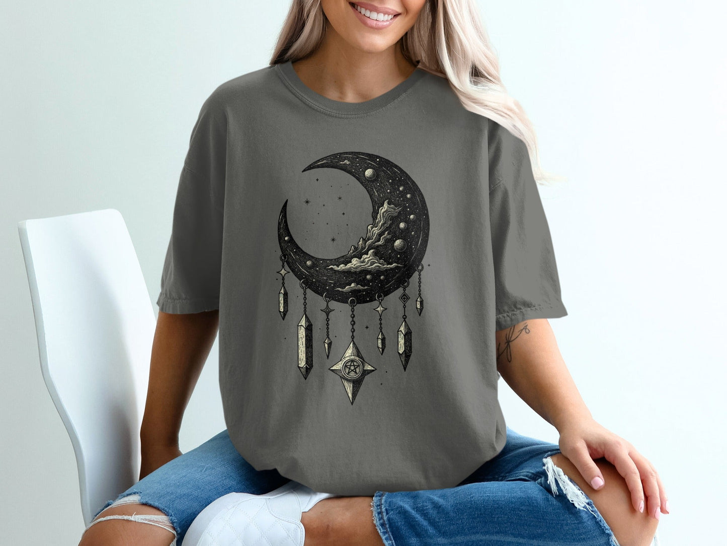 Crescent Moon With Stars And Pentagram Design Graphic T-Shirt - IconVexa