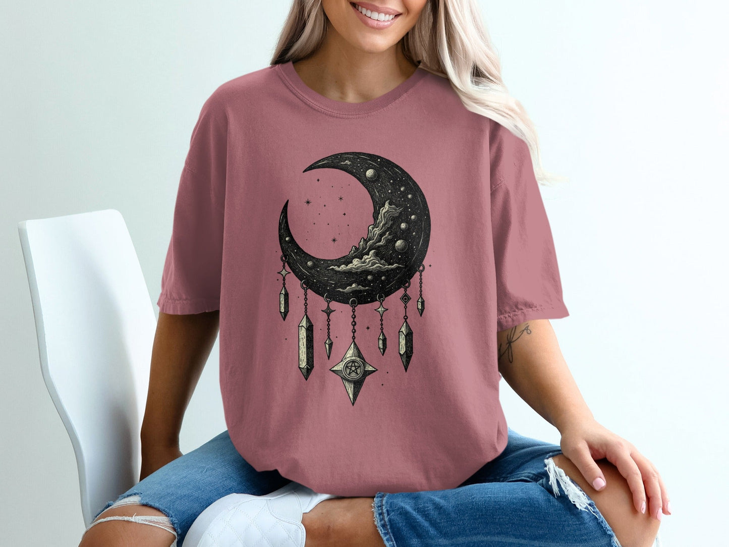 Crescent Moon With Stars And Pentagram Design Graphic T-Shirt - IconVexa