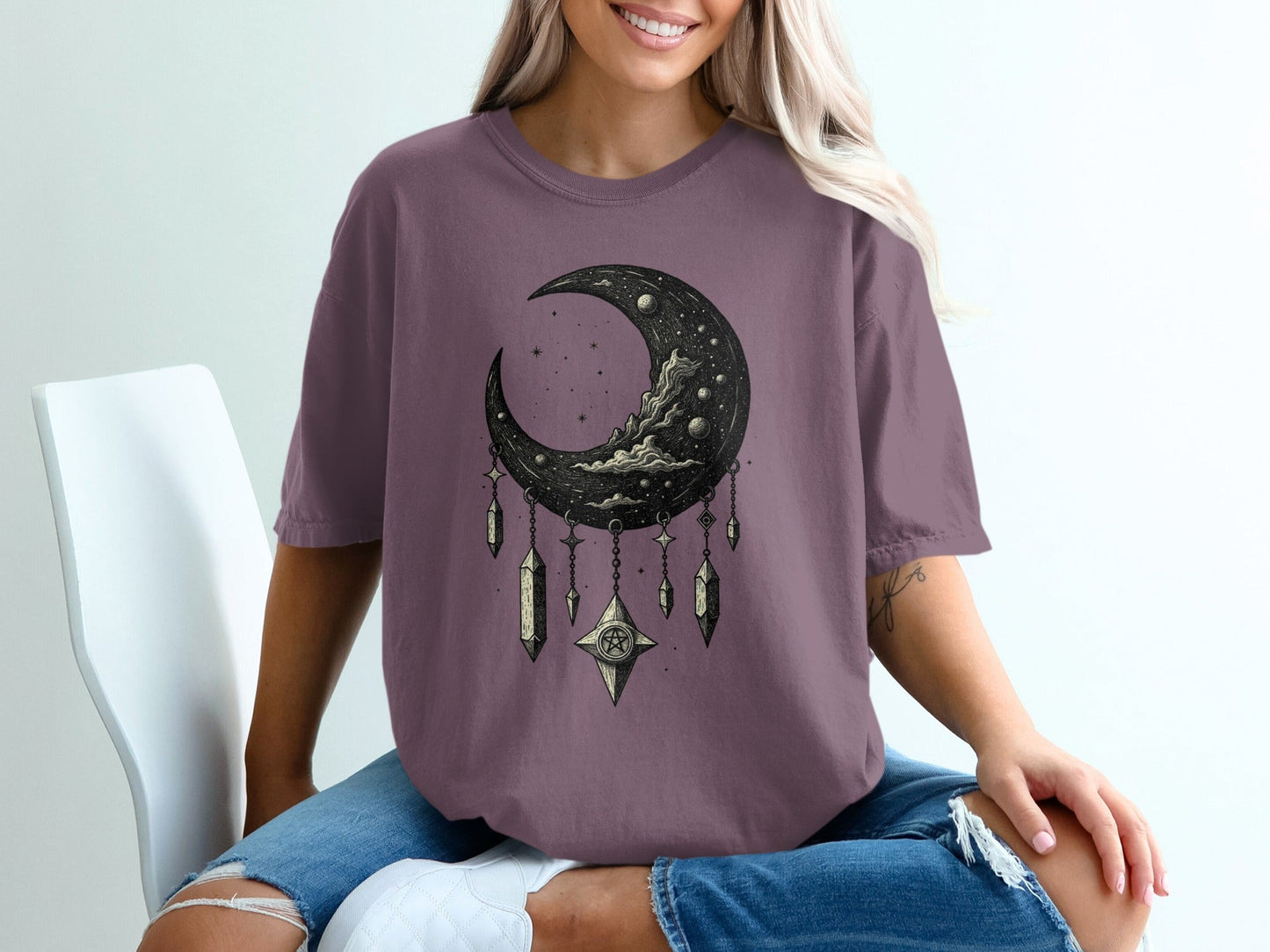 Crescent Moon With Stars And Pentagram Design Graphic T-Shirt - IconVexa