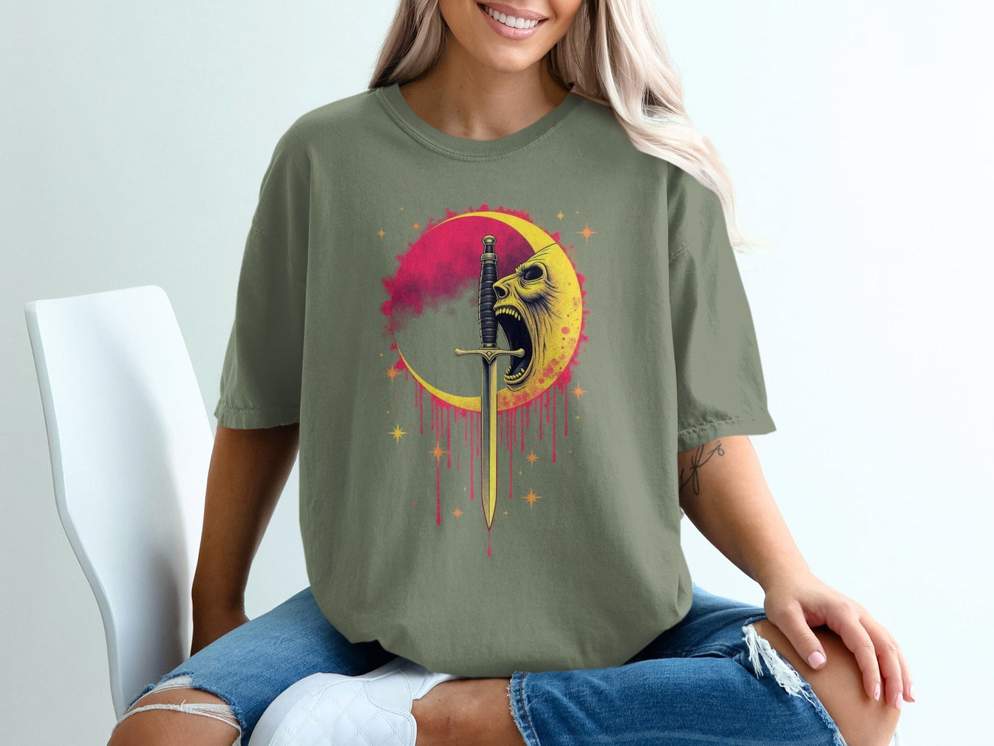 Crying Moon Sword Design Artistic Graphic Dark T-Shirt - IconVexa