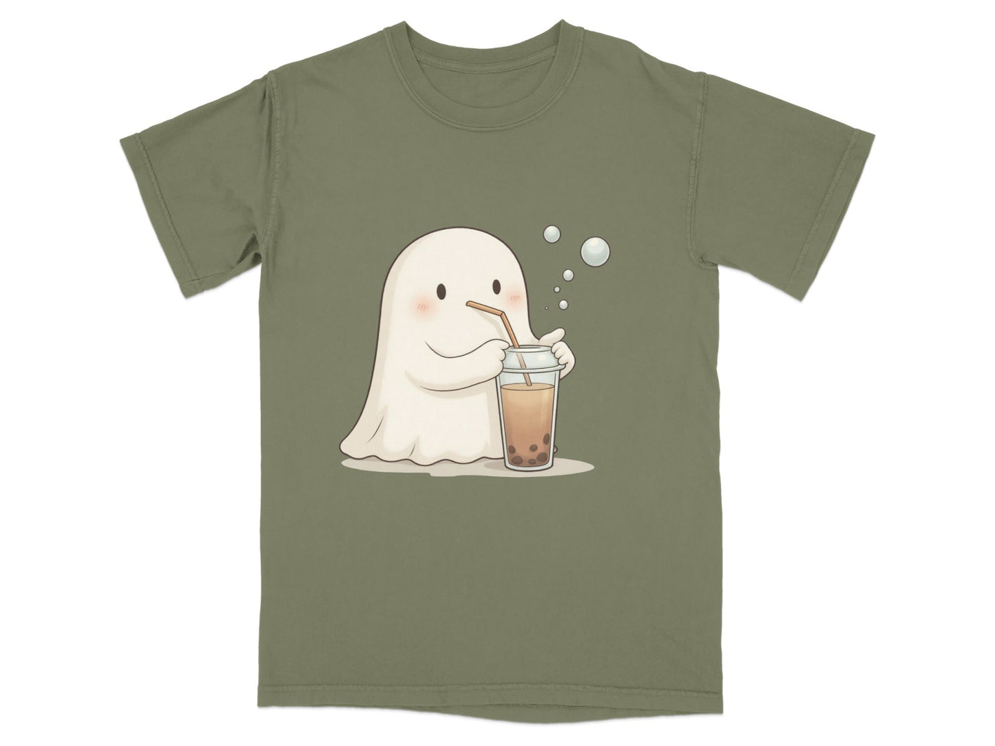 Cute Ghost Drinking Boba Tea Graphic Novelty Style T-Shirt - IconVexa