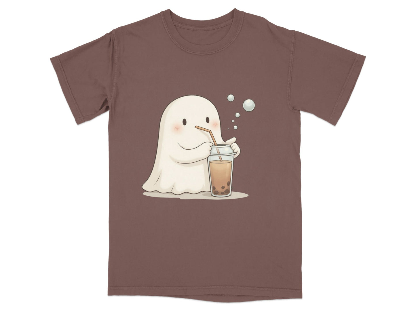 Cute Ghost Drinking Boba Tea Graphic Novelty Style T-Shirt - IconVexa