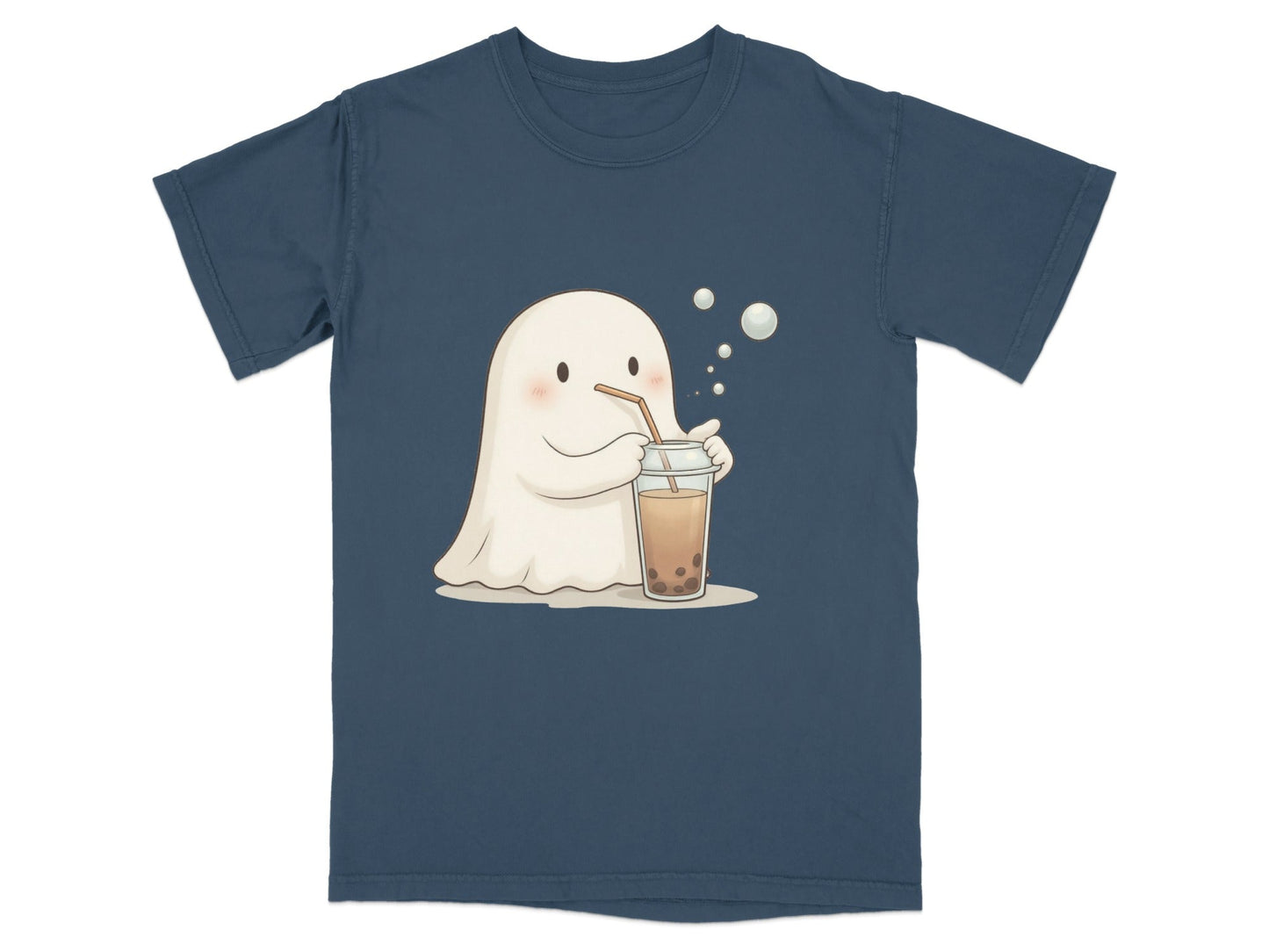 Cute Ghost Drinking Boba Tea Graphic Novelty Style T-Shirt - IconVexa