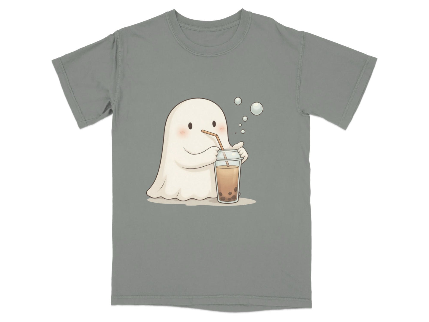 Cute Ghost Drinking Boba Tea Graphic Novelty Style T-Shirt - IconVexa