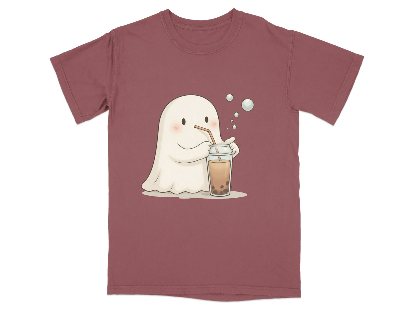 Cute Ghost Drinking Boba Tea Graphic Novelty Style T-Shirt - IconVexa