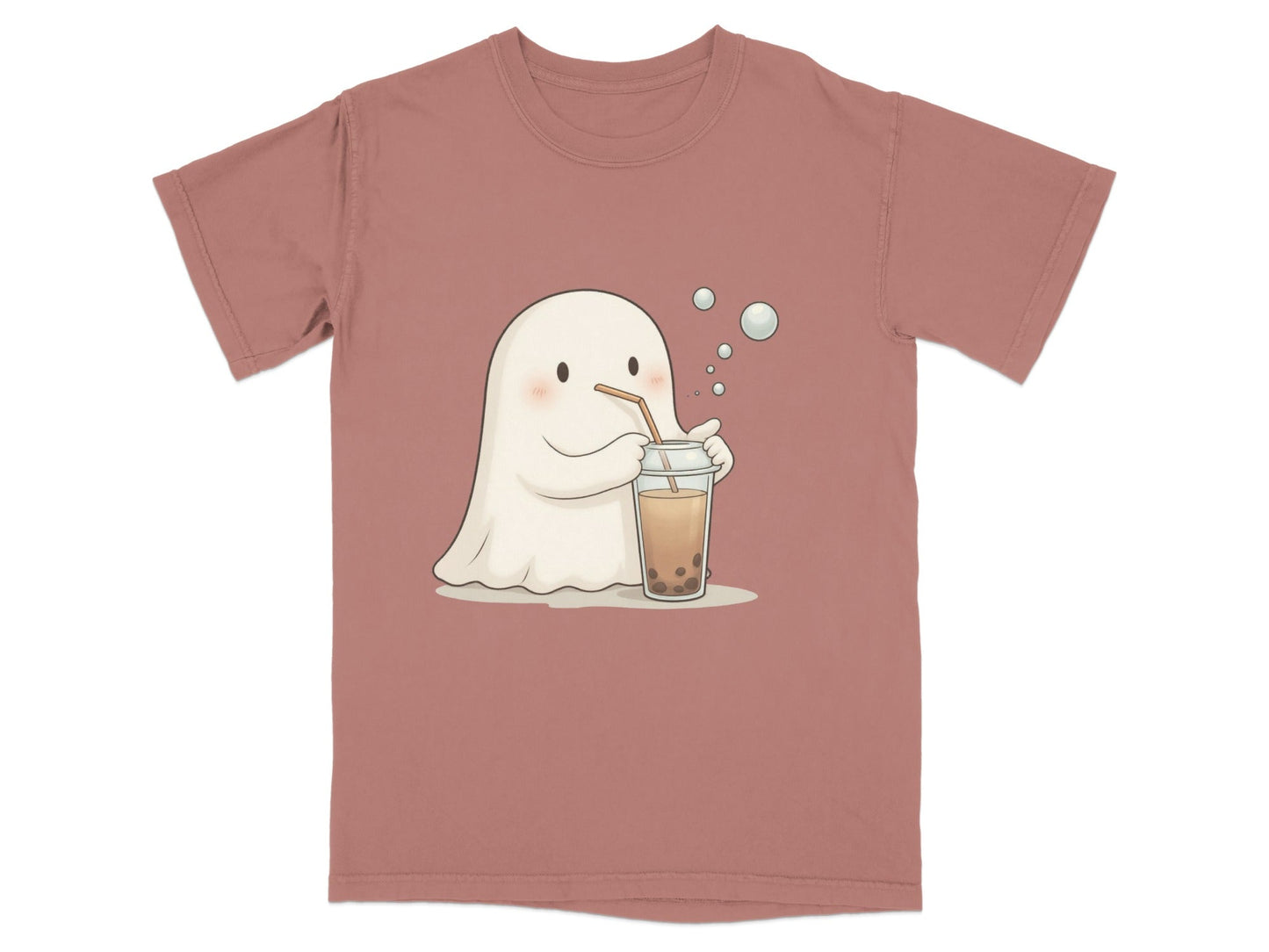 Cute Ghost Drinking Boba Tea Graphic Novelty Style T-Shirt - IconVexa