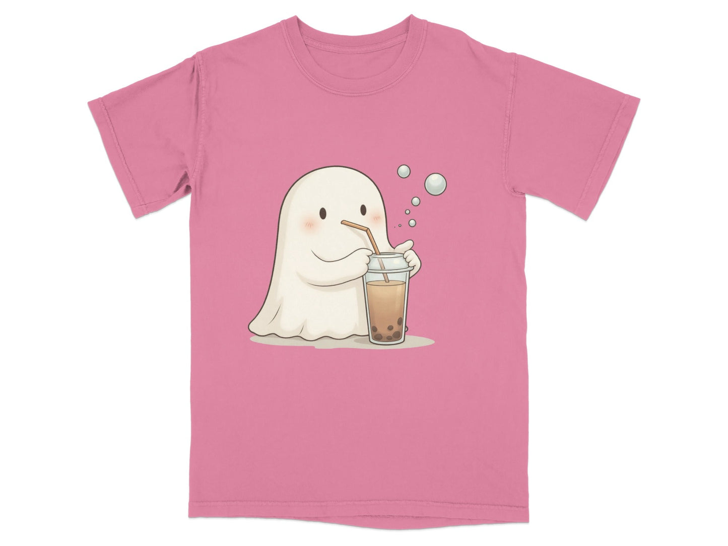 Cute Ghost Drinking Boba Tea Graphic Novelty Style T-Shirt - IconVexa