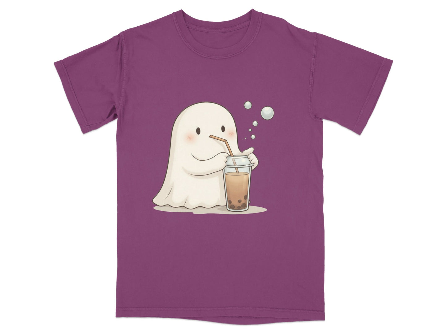 Cute Ghost Drinking Boba Tea Graphic Novelty Style T-Shirt - IconVexa