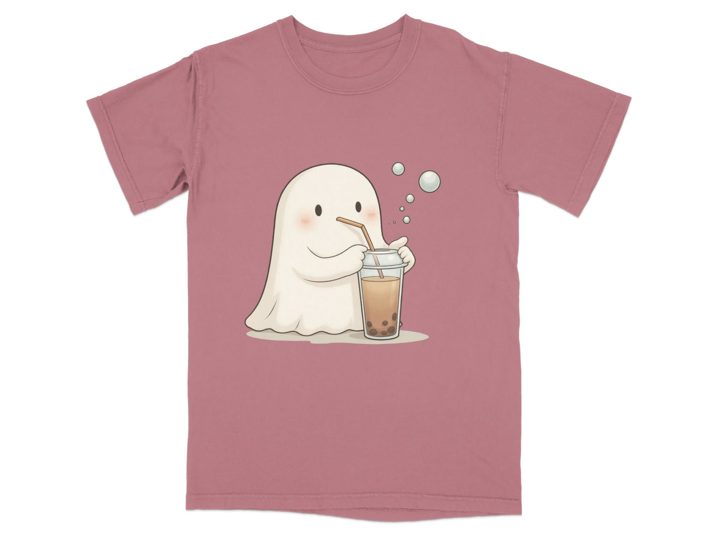 Cute Ghost Drinking Boba Tea Graphic Novelty Style T-Shirt - IconVexa