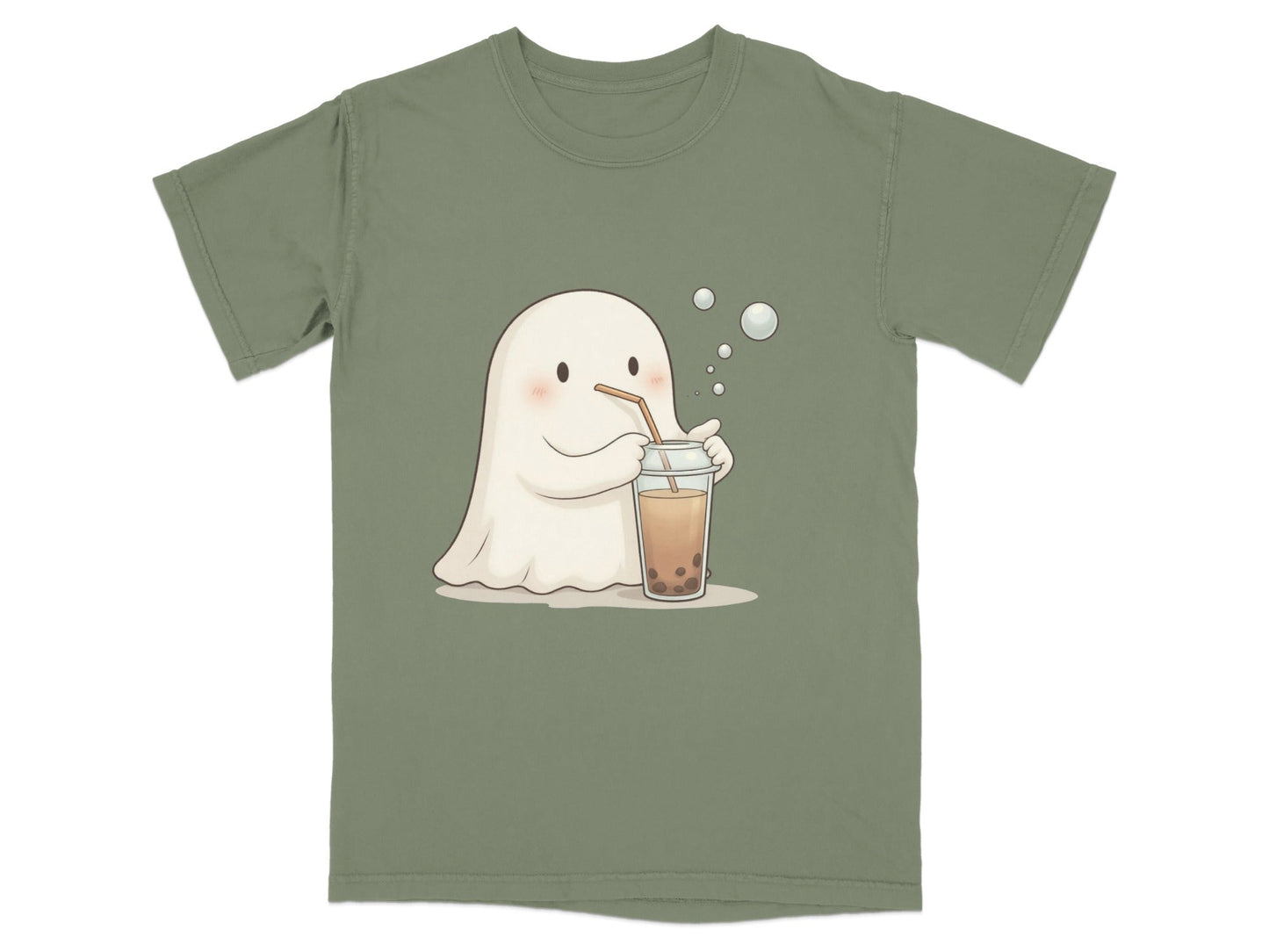 Cute Ghost Drinking Boba Tea Graphic Novelty Style T-Shirt - IconVexa
