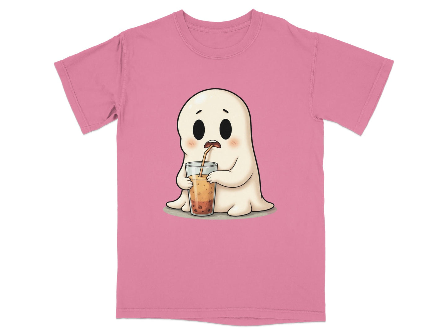 Cute Ghost Sipping Boba Tea Adorable Cartoon Art T-Shirt - IconVexa
