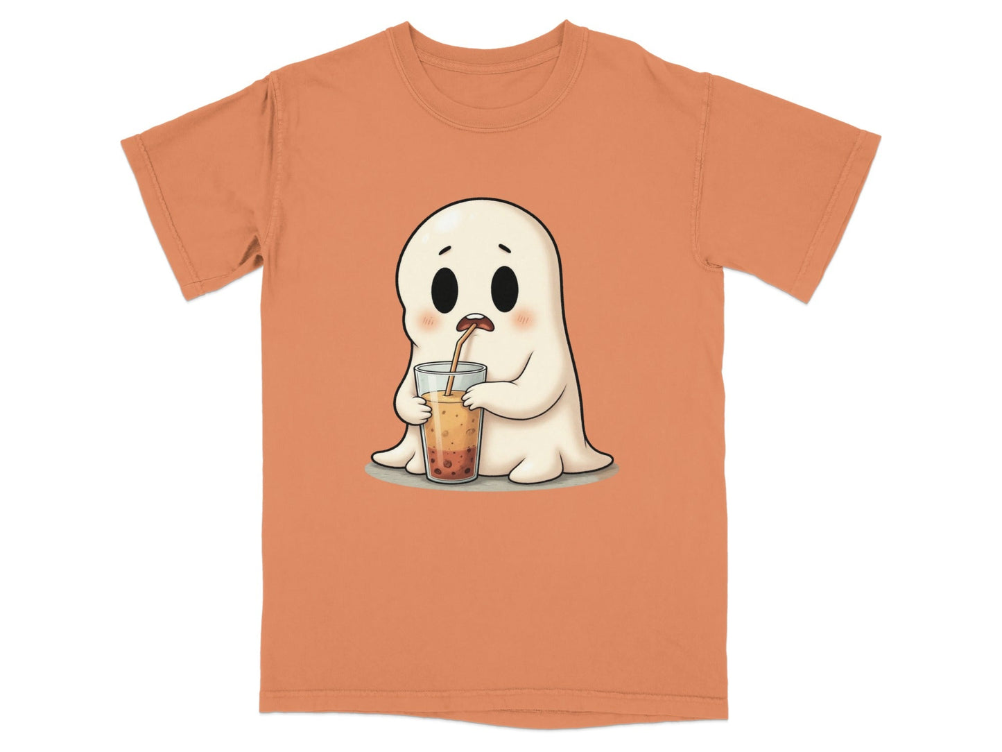Cute Ghost Sipping Boba Tea Adorable Cartoon Art T-Shirt - IconVexa