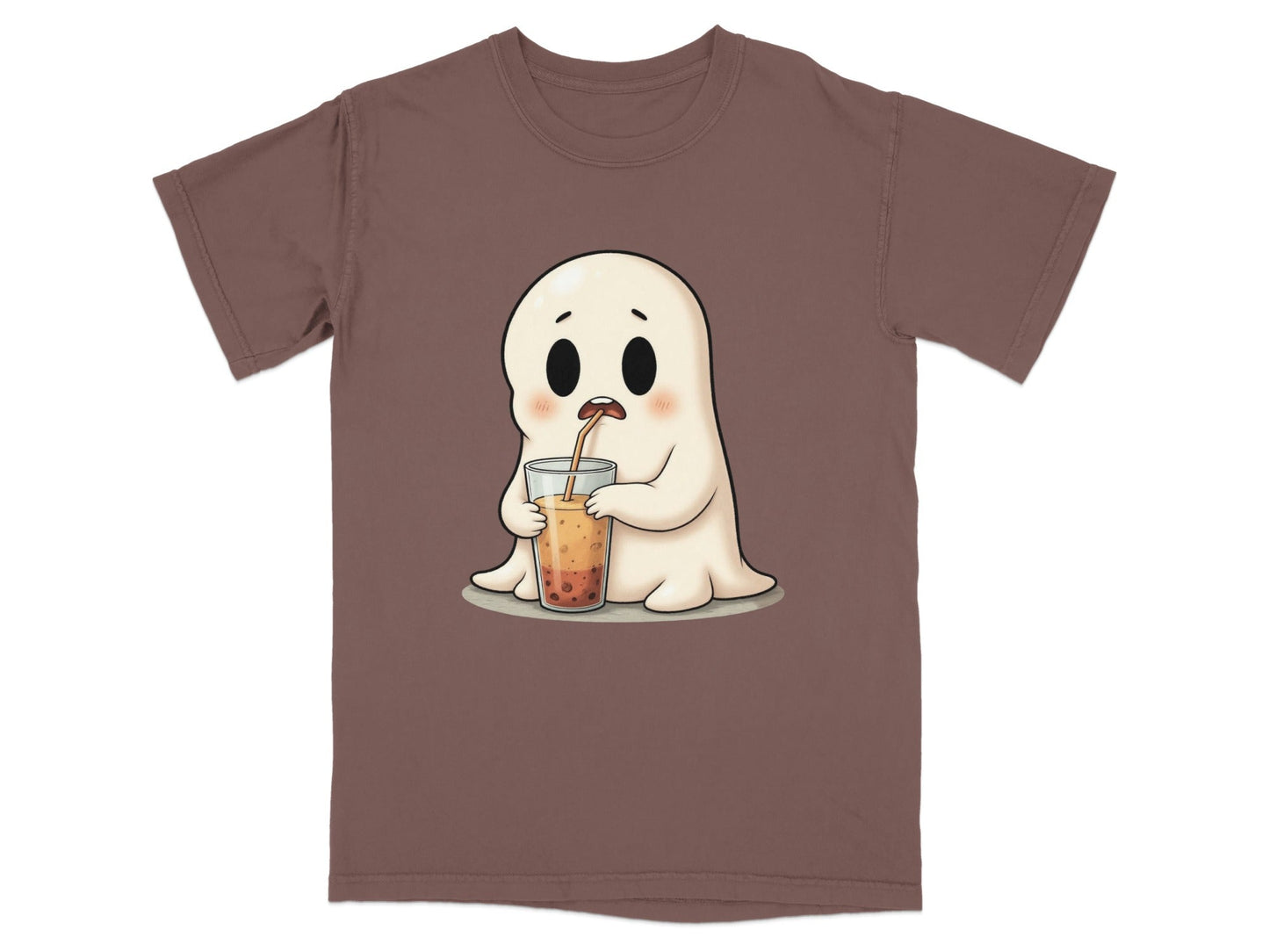 Cute Ghost Sipping Boba Tea Adorable Cartoon Art T-Shirt - IconVexa