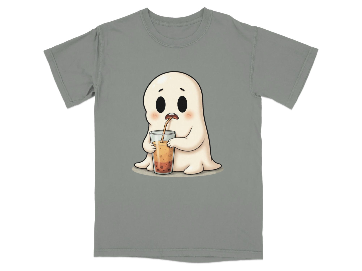Cute Ghost Sipping Boba Tea Adorable Cartoon Art T-Shirt - IconVexa