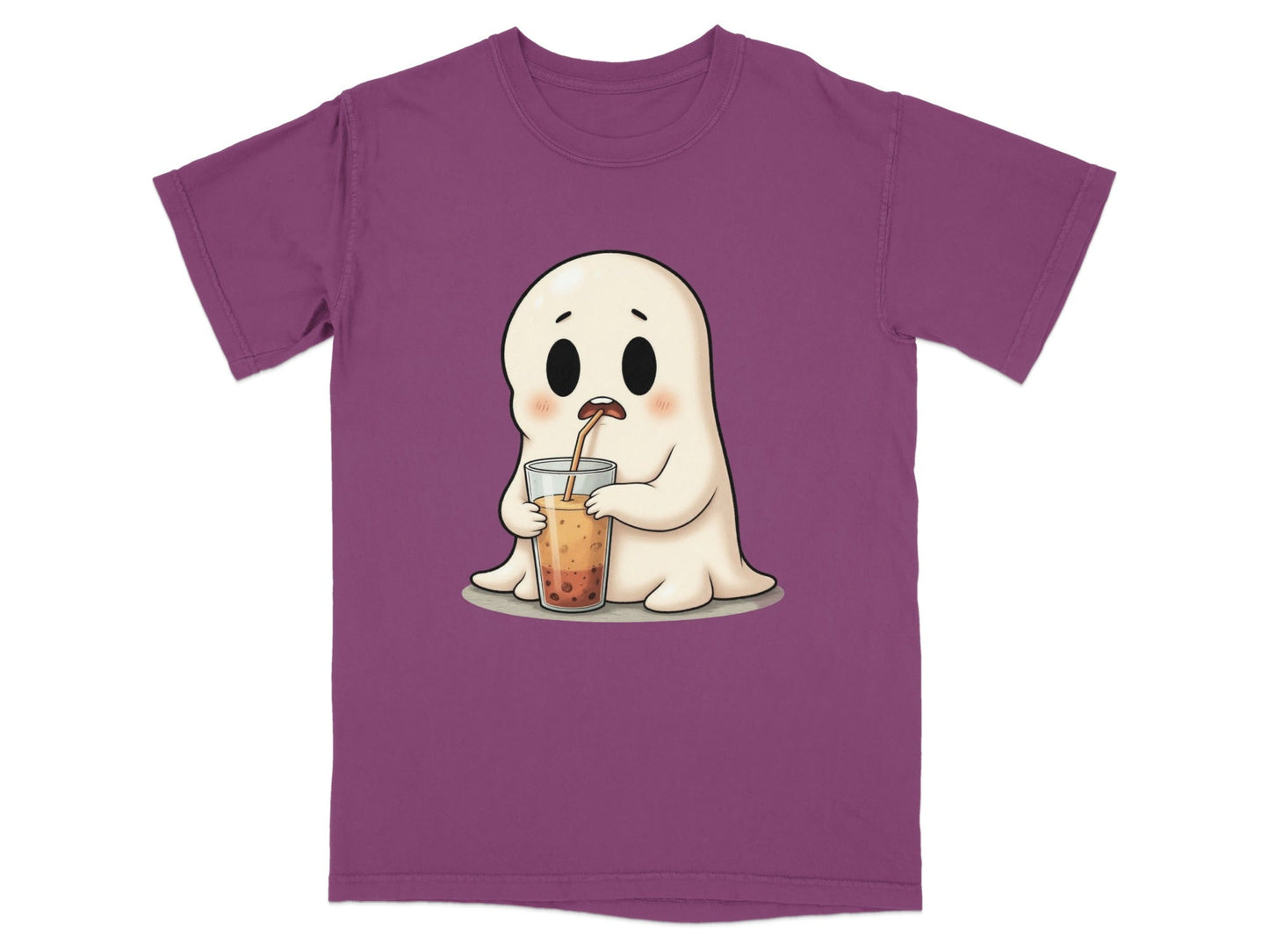 Cute Ghost Sipping Boba Tea Adorable Cartoon Art T-Shirt - IconVexa