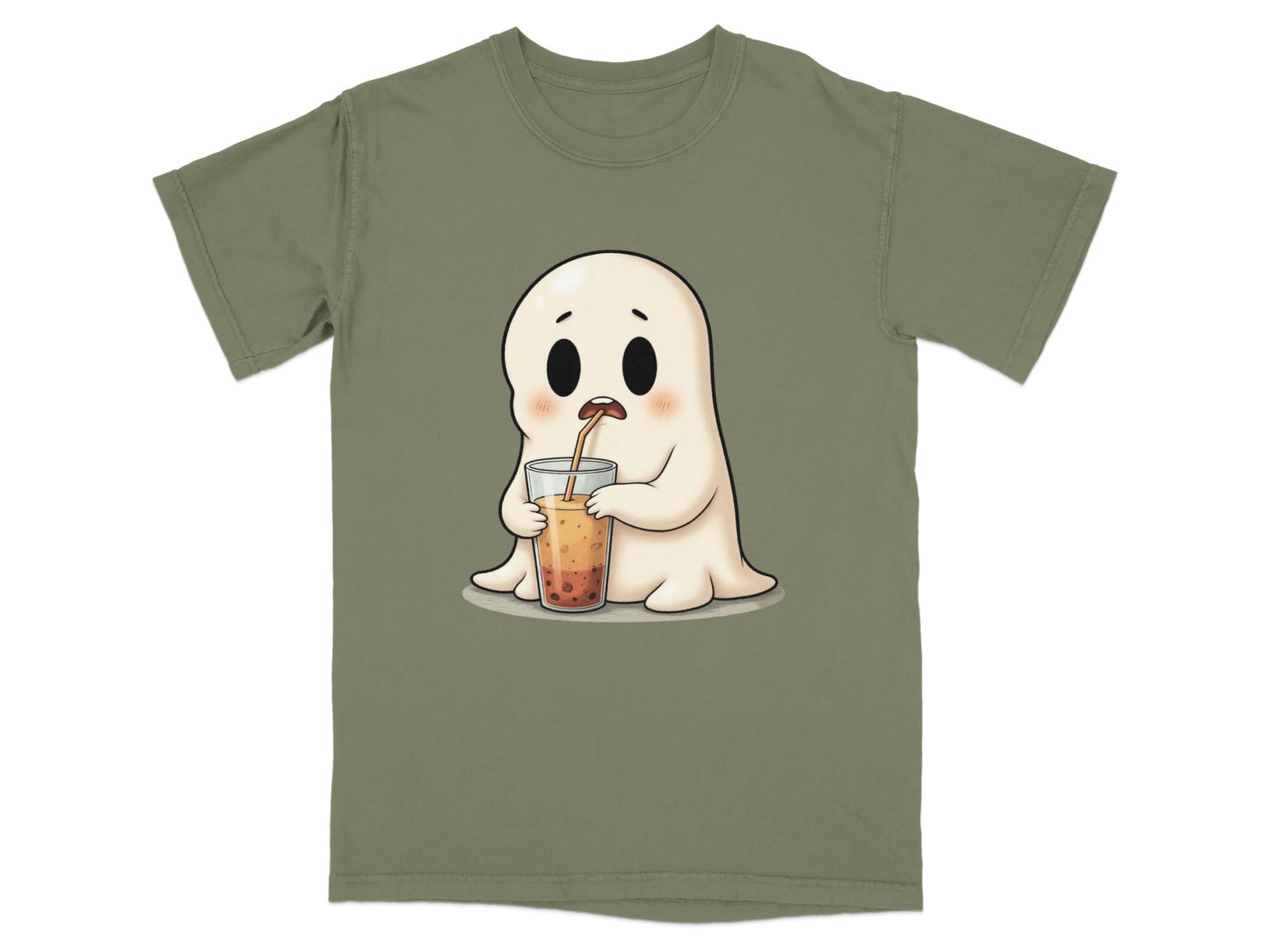 Cute Ghost Sipping Boba Tea Adorable Cartoon Art T-Shirt - IconVexa