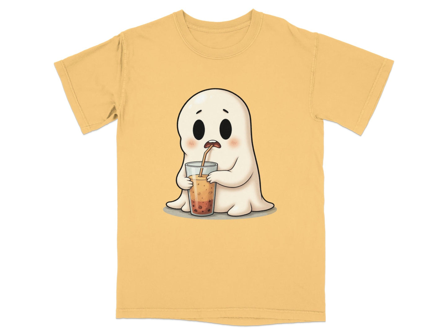 Cute Ghost Sipping Boba Tea Adorable Cartoon Art T-Shirt - IconVexa