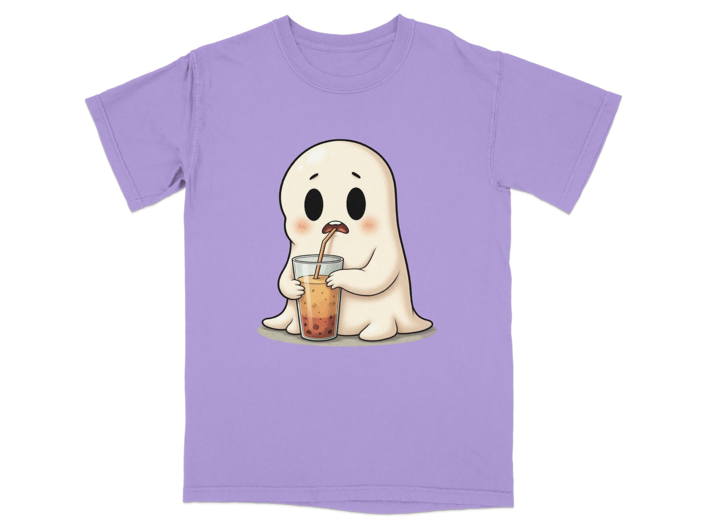 Cute Ghost Sipping Boba Tea Adorable Cartoon Art T-Shirt - IconVexa