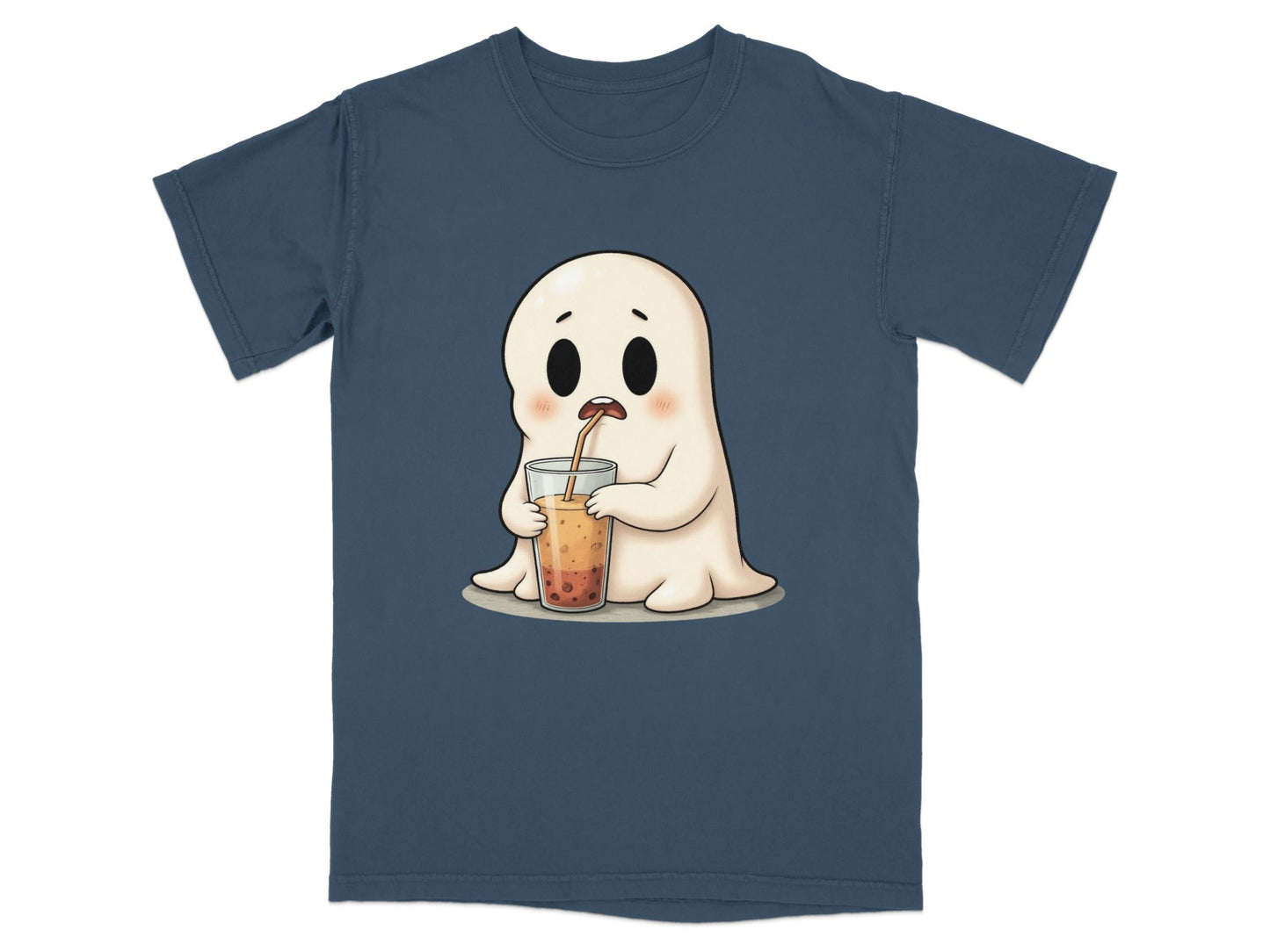 Cute Ghost Sipping Boba Tea Adorable Cartoon Art T-Shirt - IconVexa