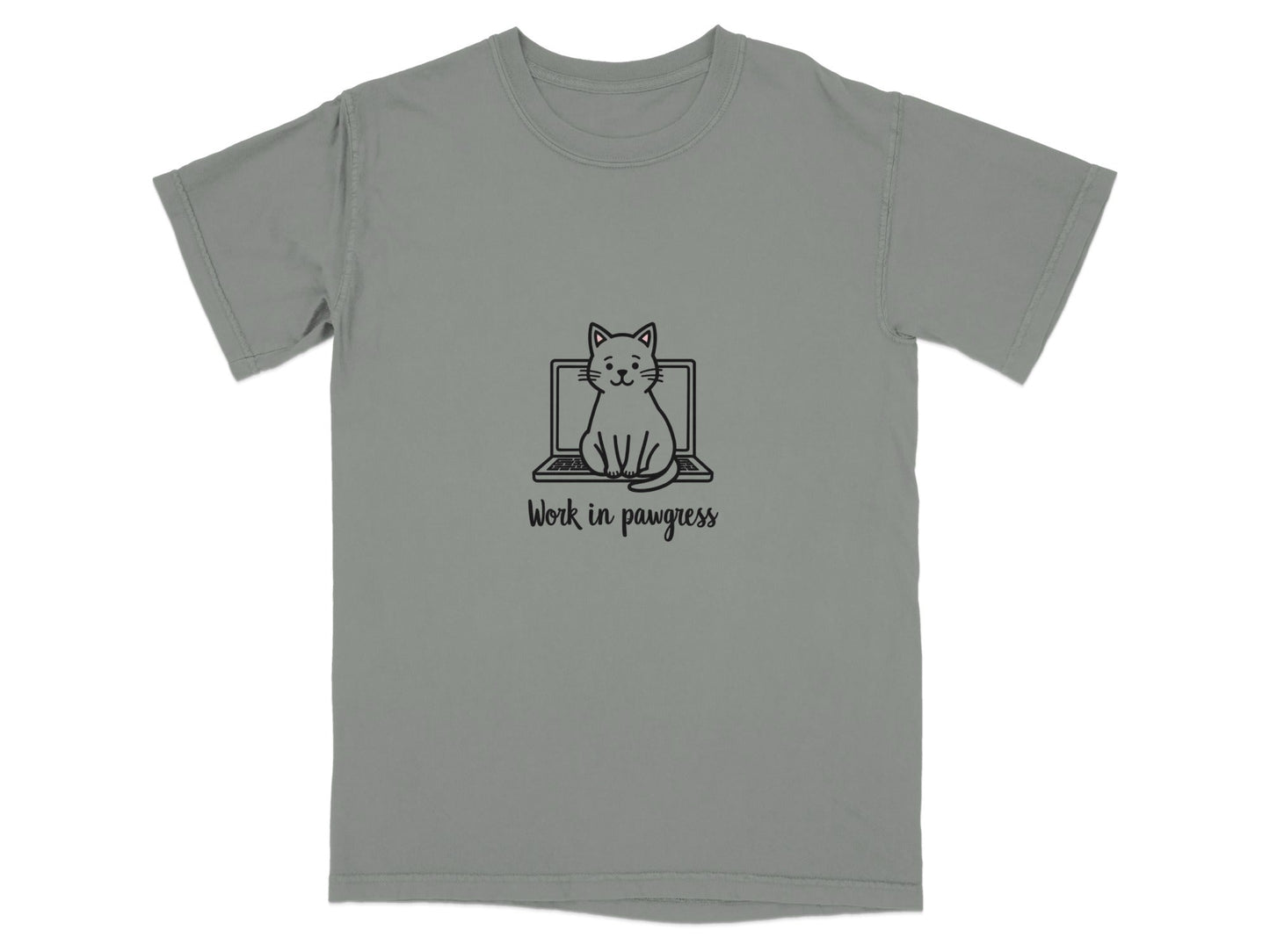 Cute Work in Pawgress Cat on Laptop Funny Work Tee T-Shirt - IconVexa