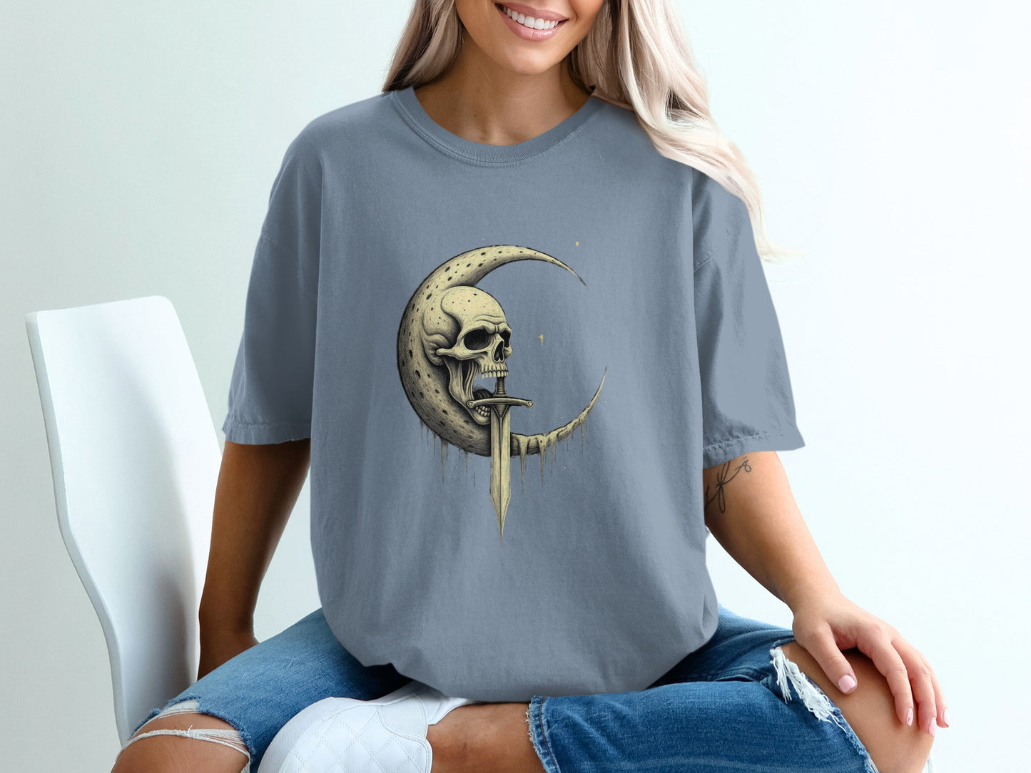 Skull on Crescent Moon Graphic Print T-shirt product