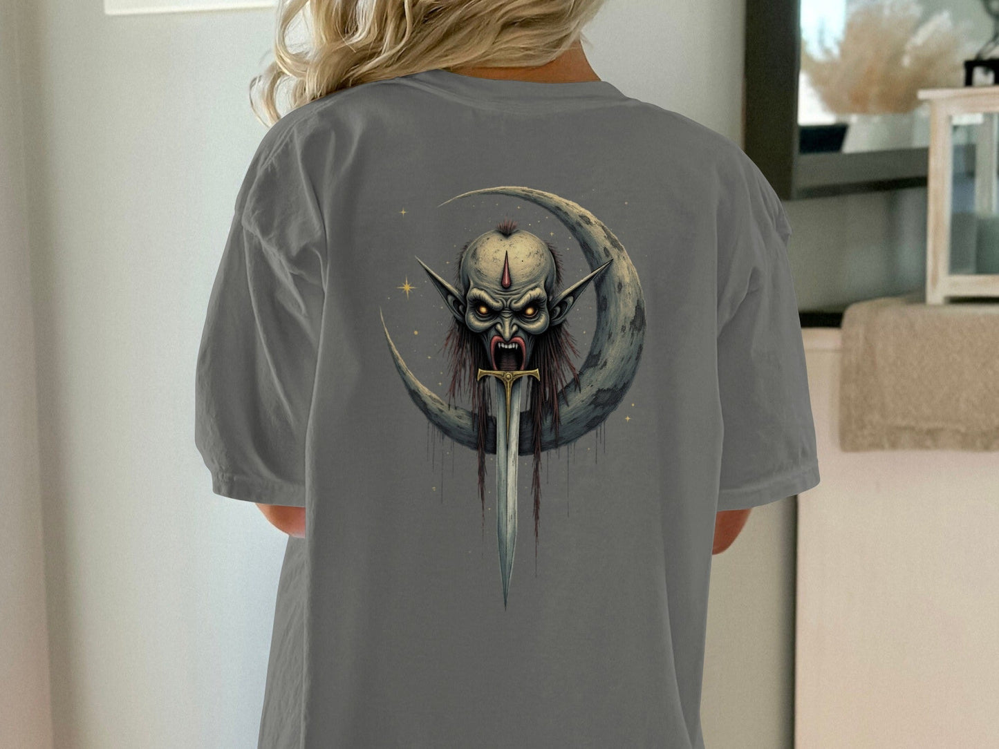 Dark Elf T-Shirt, Moon Sword Graphic Tee, Fantasy Shirt, Gothic TShirt, Unique Design, Halloween Gift Idea, Creepy Clothing, Dark Art Shirt - IconVexa