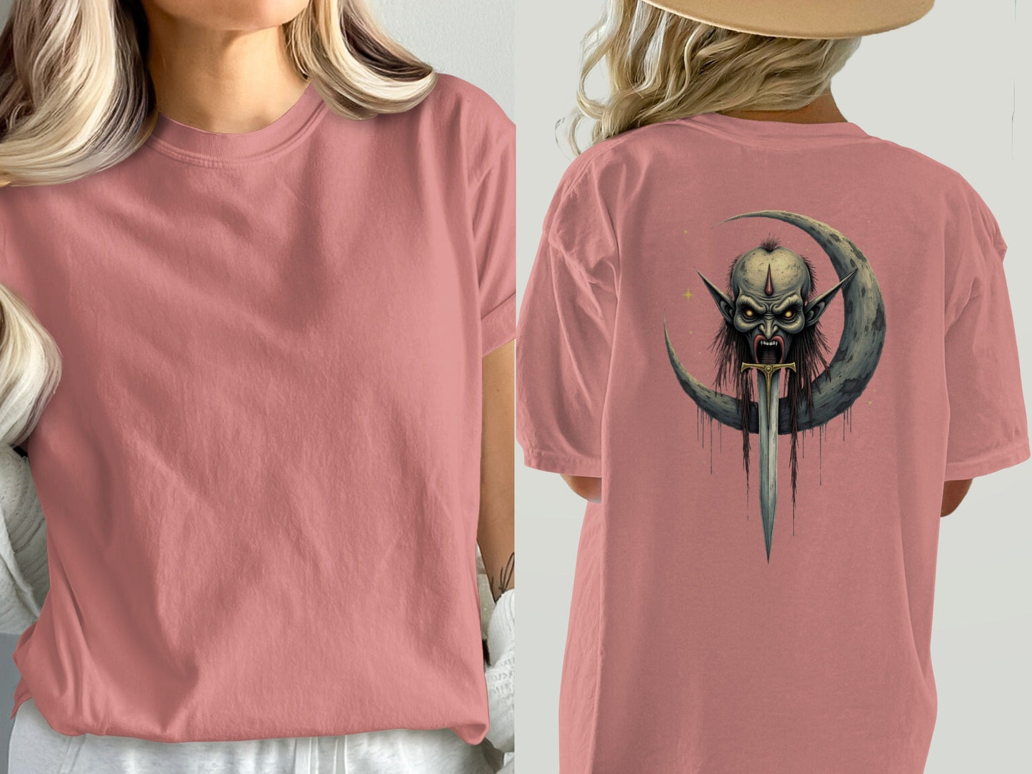 Dark Elf T-Shirt, Moon Sword Graphic Tee, Fantasy Shirt, Gothic TShirt, Unique Design, Halloween Gift Idea, Creepy Clothing, Dark Art Shirt - IconVexa