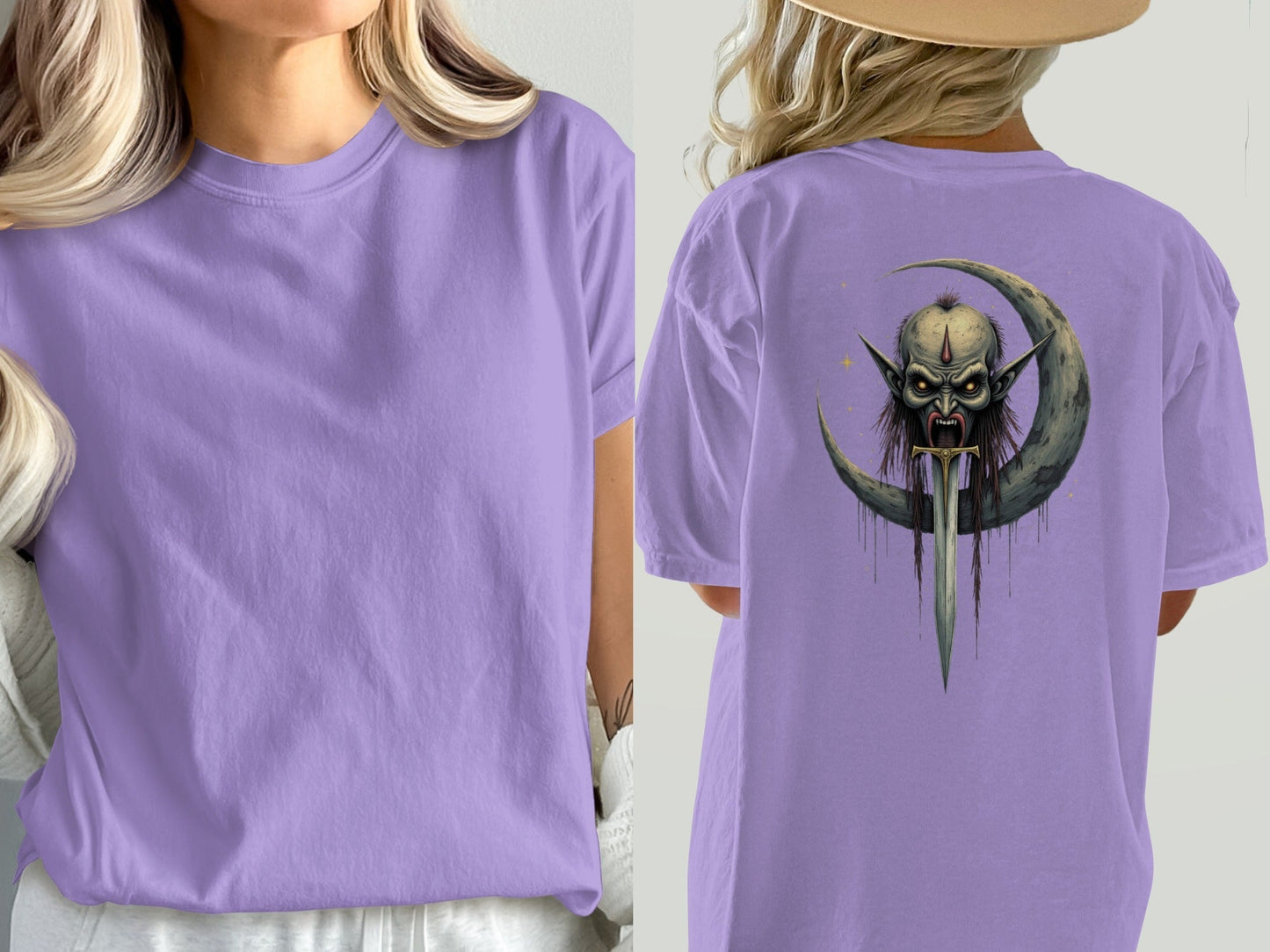 Dark Elf T-Shirt, Moon Sword Graphic Tee, Fantasy Shirt, Gothic TShirt, Unique Design, Halloween Gift Idea, Creepy Clothing, Dark Art Shirt - IconVexa