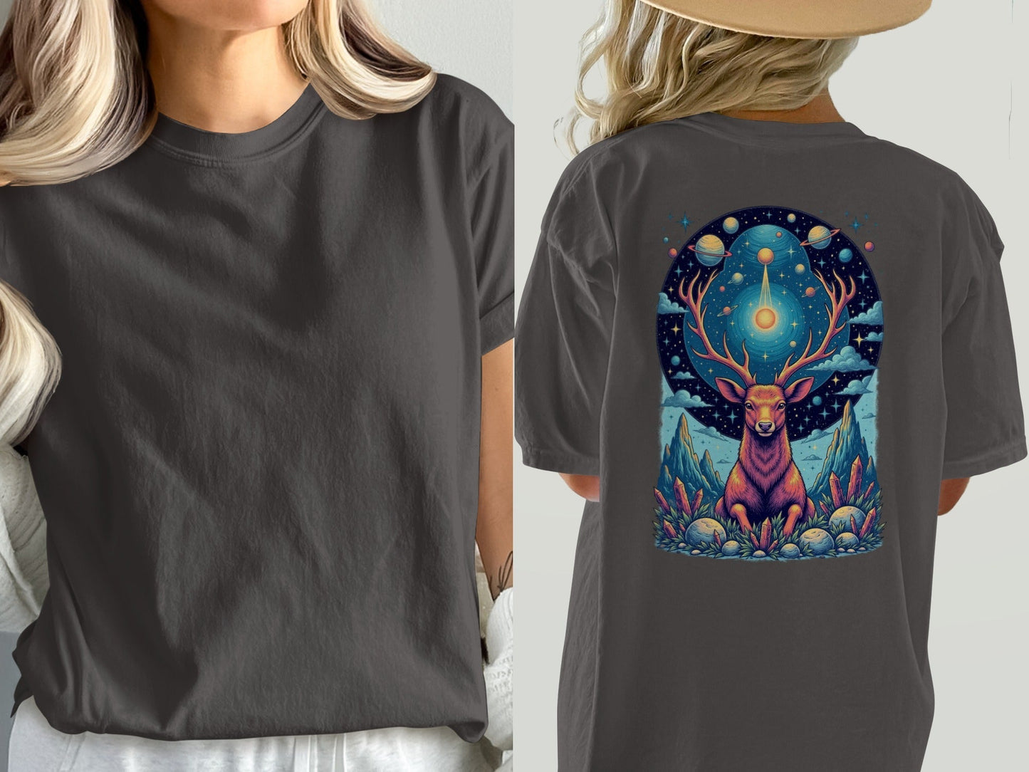 Deer in Space T-Shirt, Mystical Creature Tee, Cosmic Deer Shirt, Celestial Animal Top, Trendy Graphic T-Shirt, Unique Gift Idea, Unisex - IconVexa