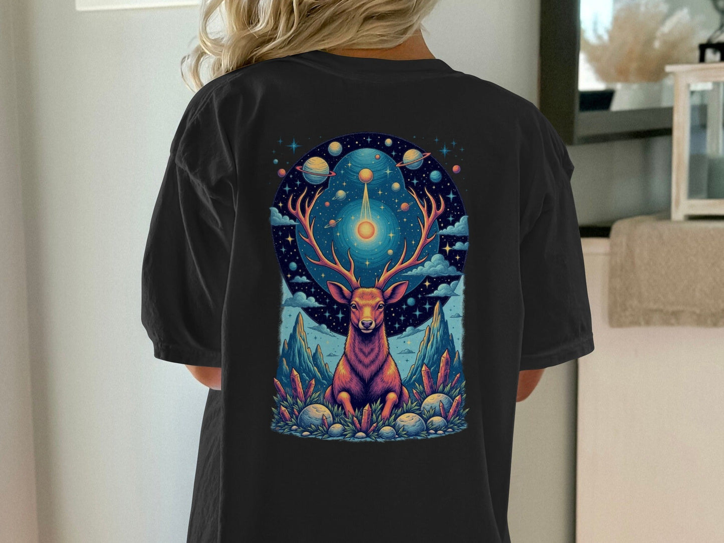 Deer in Space T-Shirt, Mystical Creature Tee, Cosmic Deer Shirt, Celestial Animal Top, Trendy Graphic T-Shirt, Unique Gift Idea, Unisex - IconVexa