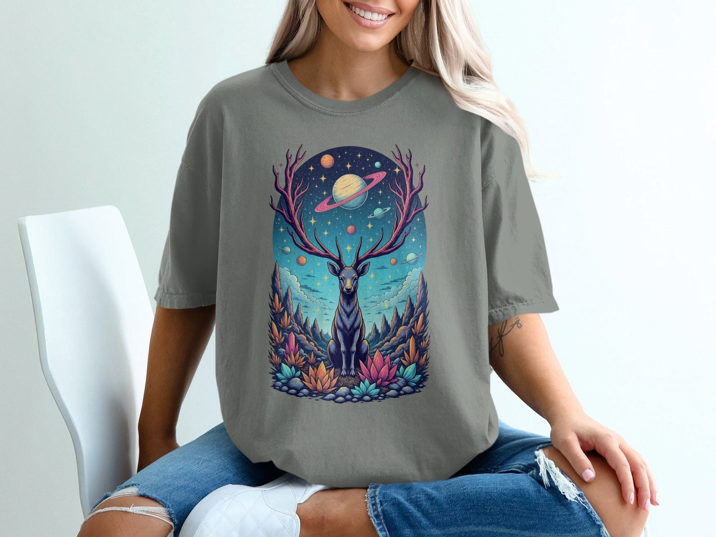 Deer Planets Space Graphic Astrology Nature Design T-Shirt - IconVexa