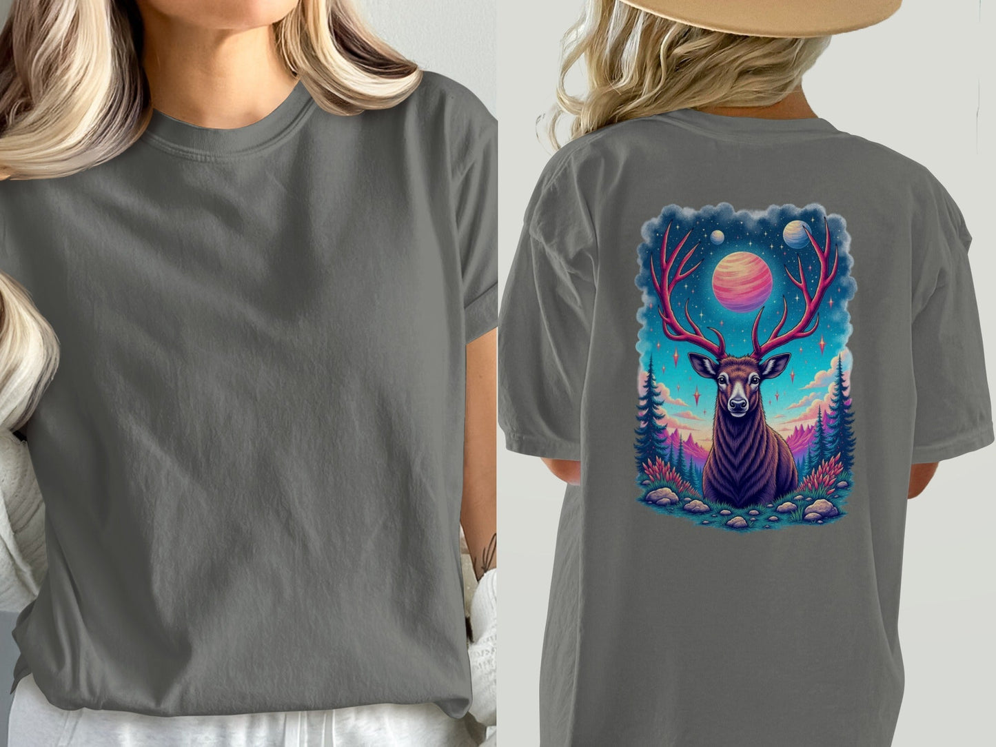 Deer T-Shirt, Cosmic Deer Shirt, Planet and Stars, Animal T-Shirt, Nature T-Shirt, Deer Lover Gift, Graphic Tee, Trendy T-Shirt - IconVexa