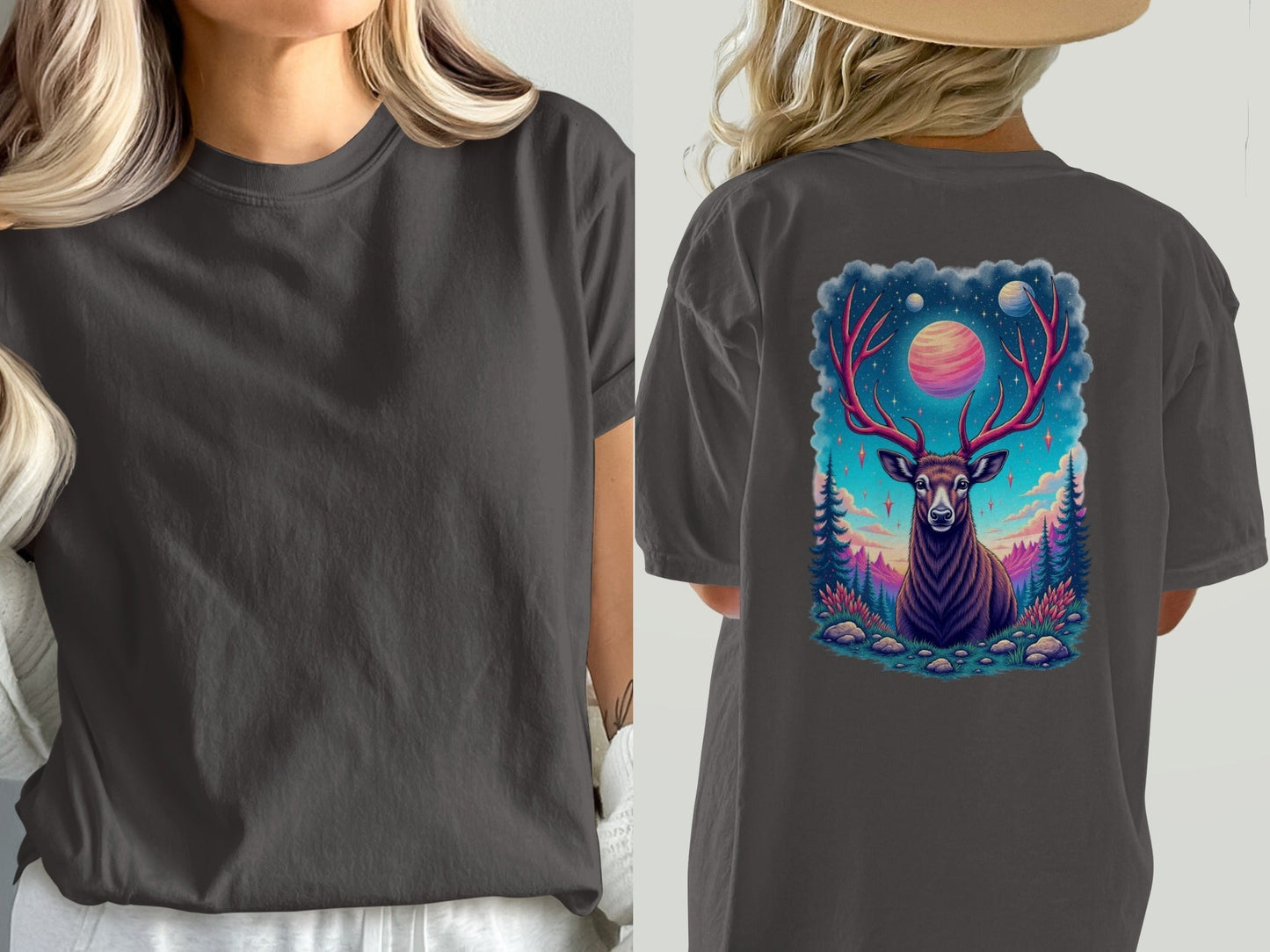 Deer T-Shirt, Cosmic Deer Shirt, Planet and Stars, Animal T-Shirt, Nature T-Shirt, Deer Lover Gift, Graphic Tee, Trendy T-Shirt - IconVexa