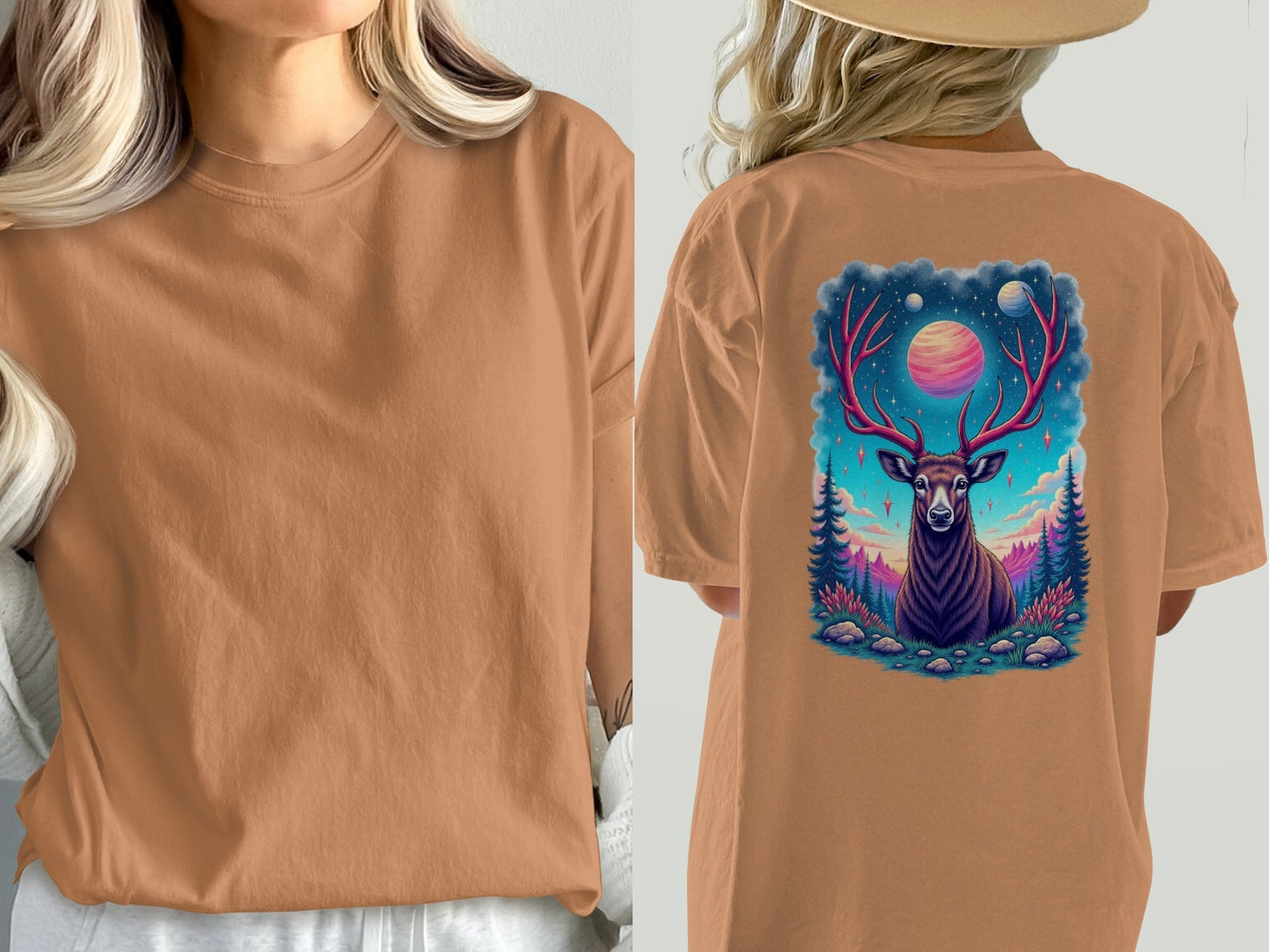 Deer T-Shirt, Cosmic Deer Shirt, Planet and Stars, Animal T-Shirt, Nature T-Shirt, Deer Lover Gift, Graphic Tee, Trendy T-Shirt - IconVexa