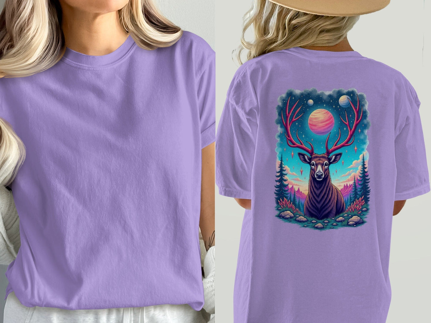 Deer T-Shirt, Cosmic Deer Shirt, Planet and Stars, Animal T-Shirt, Nature T-Shirt, Deer Lover Gift, Graphic Tee, Trendy T-Shirt - IconVexa