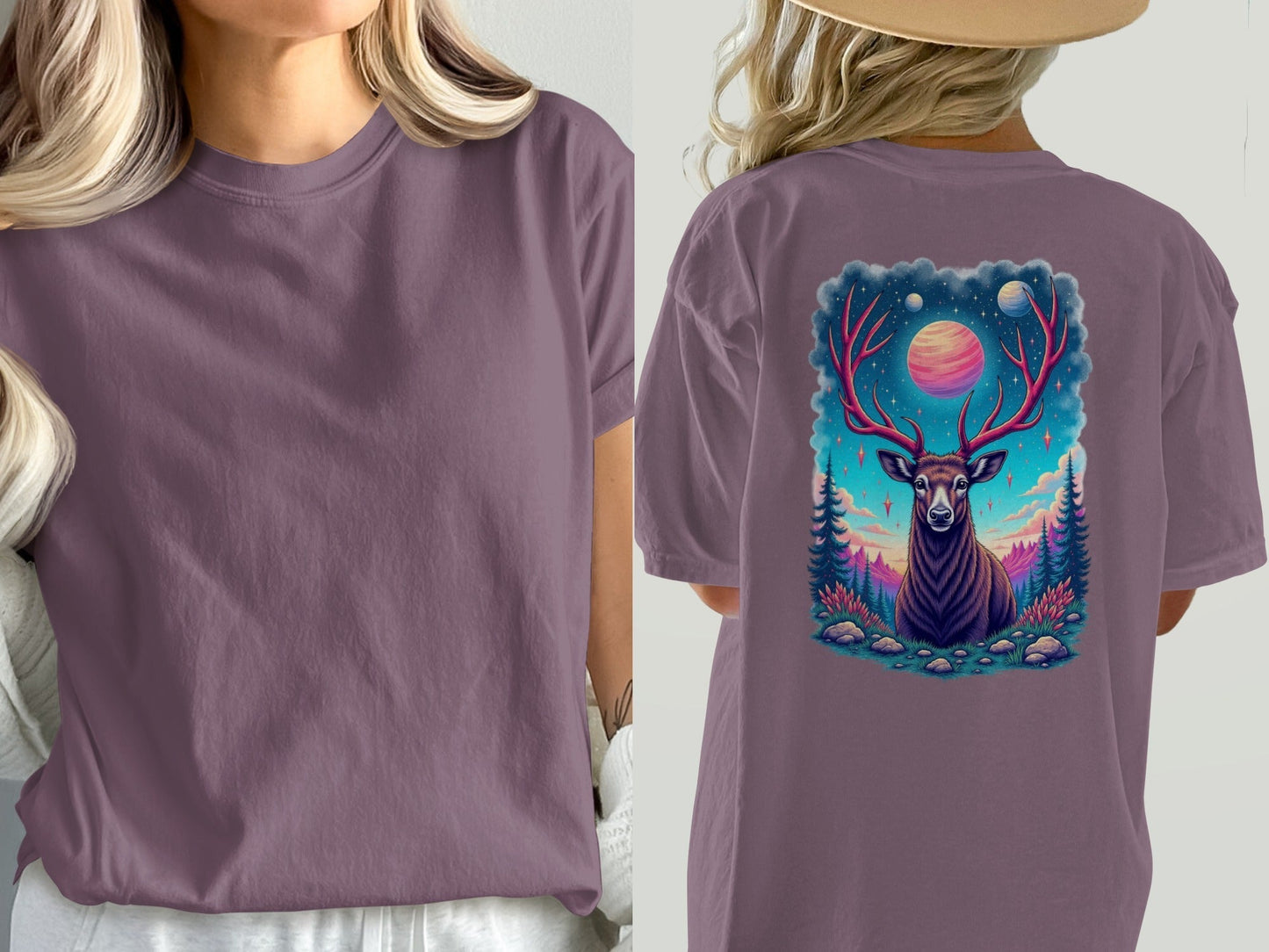 Deer T-Shirt, Cosmic Deer Shirt, Planet and Stars, Animal T-Shirt, Nature T-Shirt, Deer Lover Gift, Graphic Tee, Trendy T-Shirt - IconVexa