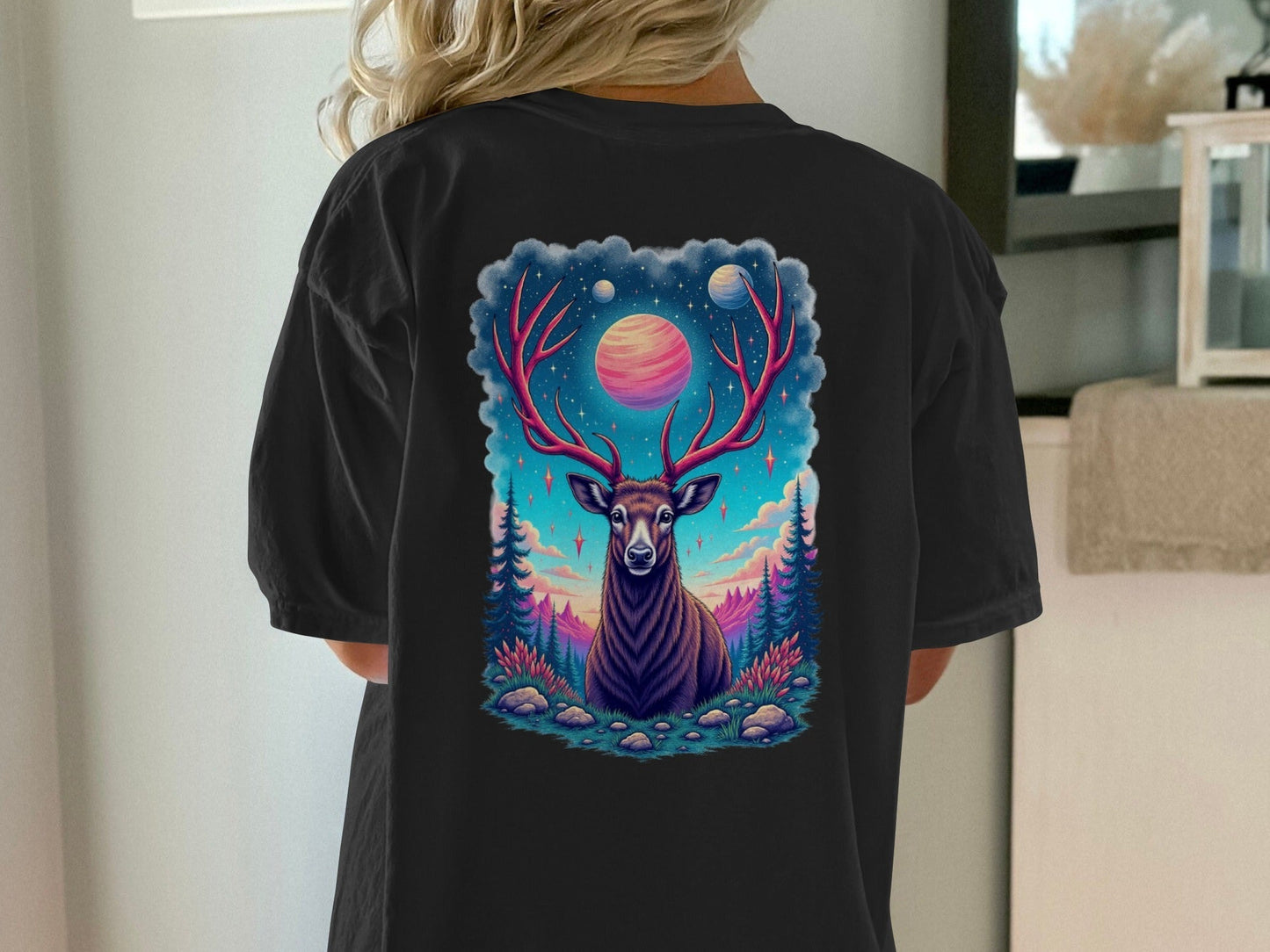 Deer T-Shirt, Cosmic Deer Shirt, Planet and Stars, Animal T-Shirt, Nature T-Shirt, Deer Lover Gift, Graphic Tee, Trendy T-Shirt - IconVexa