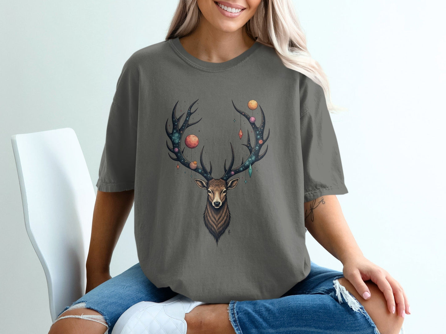Deer With Planets on Antlers Graphic Style Art T-Shirt - IconVexa